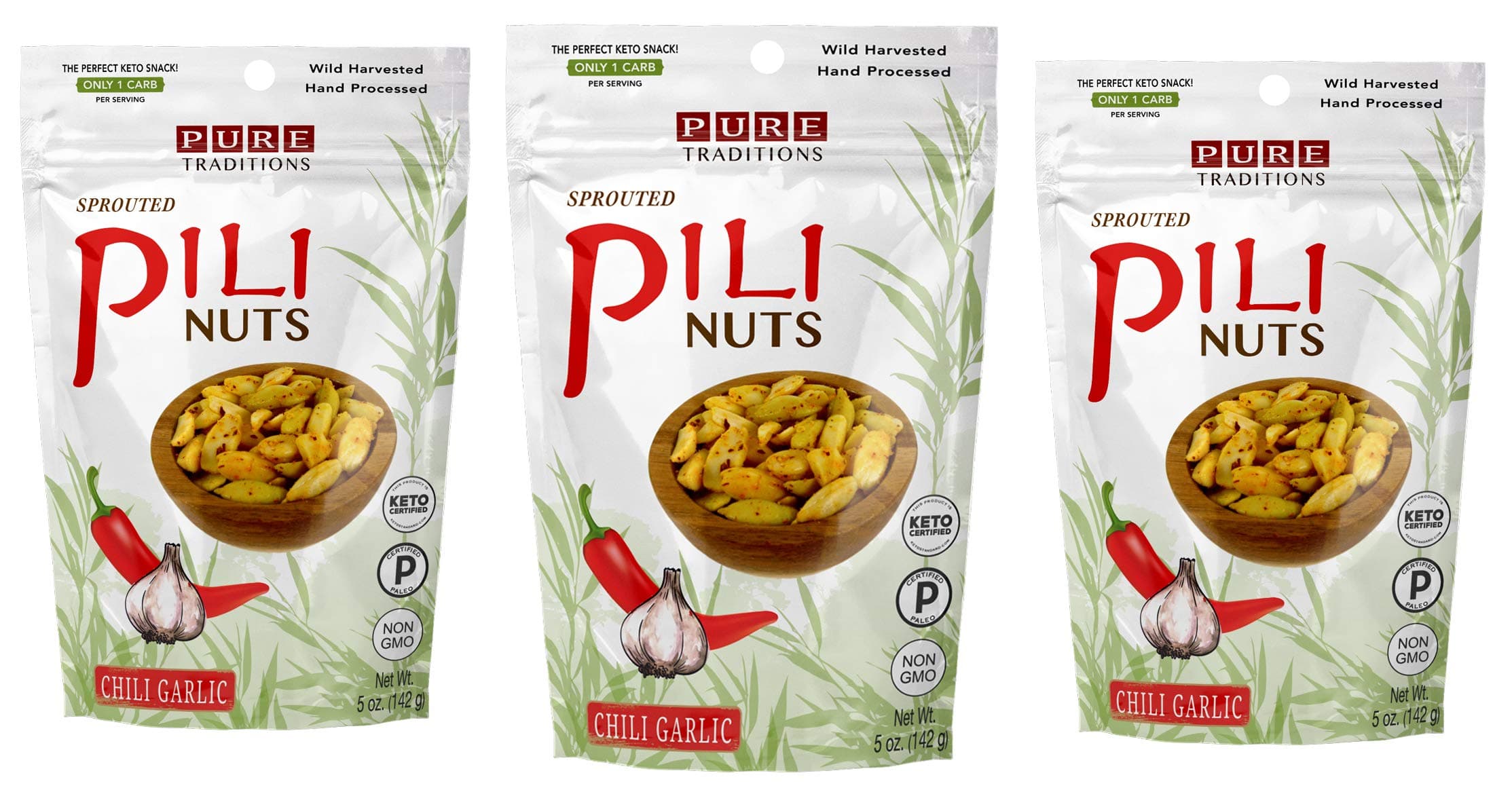 Sprouted Pili Nuts, Chili Garlic, Certified Paleo & Keto (5 oz, 3 Pack)
