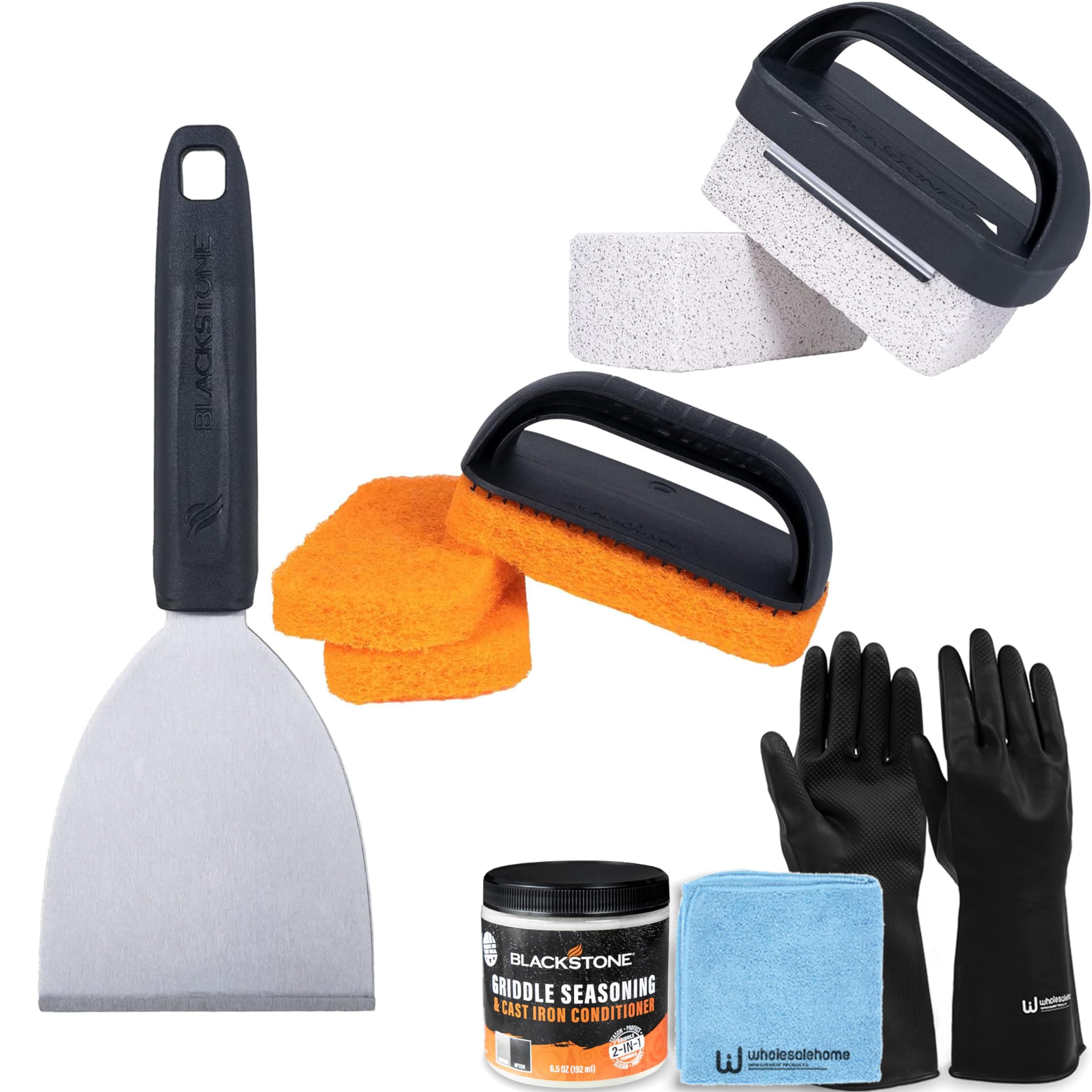 Blackstone Griddle Cleaning Kit 5463 Flat Top Grill Accessories 8 Pieces, Includes Scraper, 3 Scouring Pads, 2 Pumice Stones with Handle, Blackstone Seasoning, Wholesalehome Reusable Gloves and Cloth