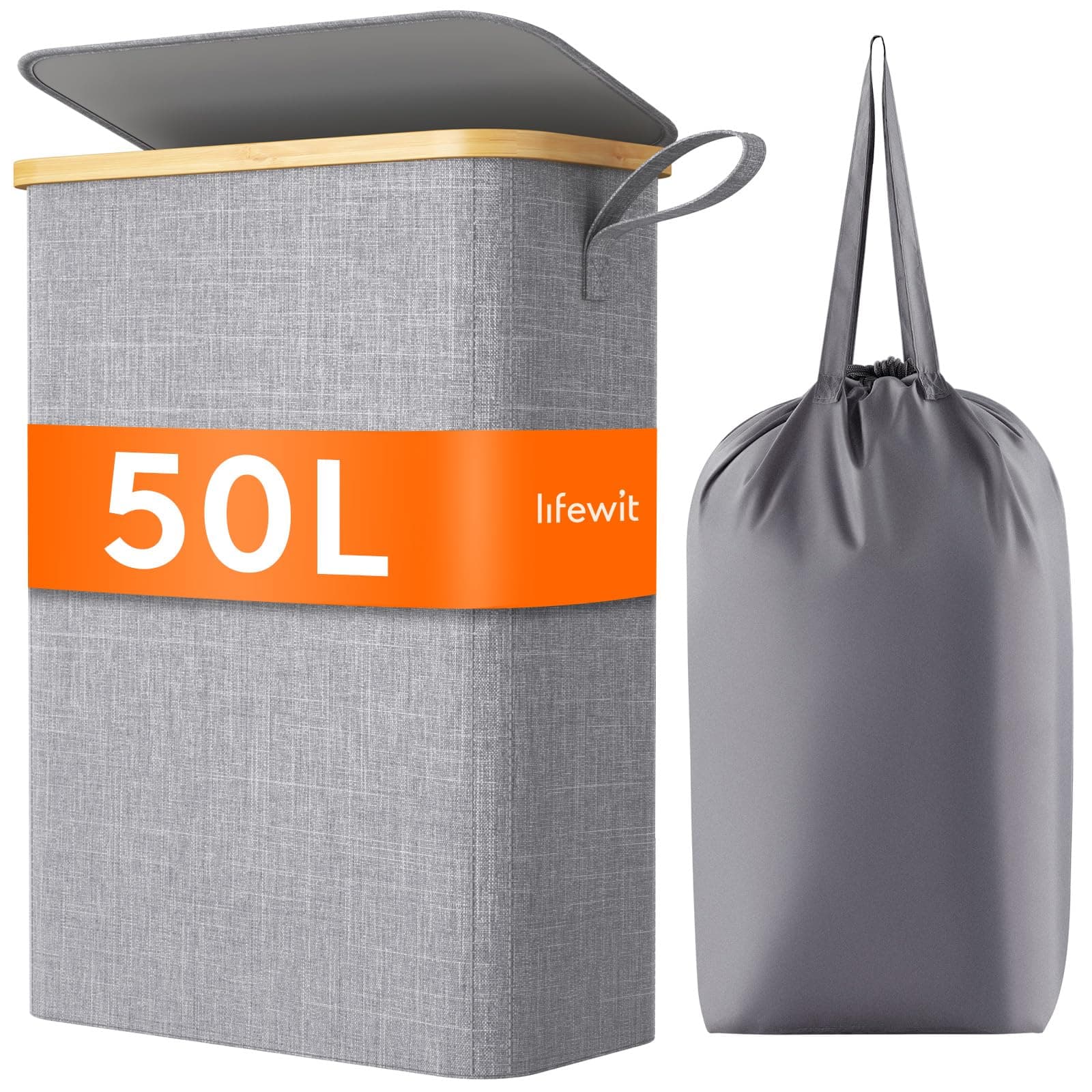 Lifewit 50L Slim Laundry Hamper with Lid, Narrow Laundry Basket with Removable Bag & Bamboo Handles, Fodable Thin Dirty Clothes Hamper for Laundry Collapsible Bin for Bathroom Bedroom Dorm, Gray