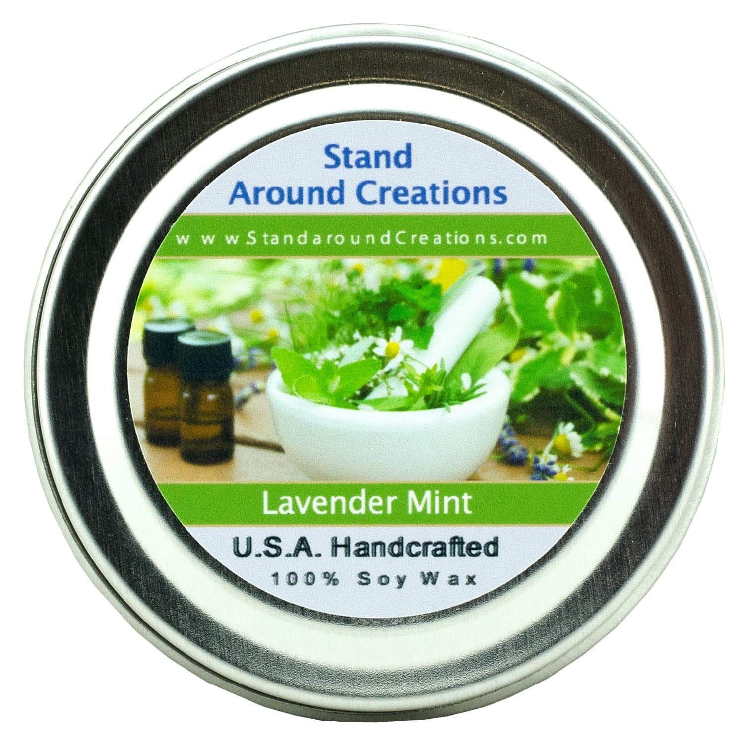 Premium 100% All Natural Soy Wax Aromatherapy Candle - 2oz Tin - Lavender Mint: A Well-Balanced Herbal Blend of Earthy Lavender Flowers and Fresh Peppermint and Spearmint sprigs.