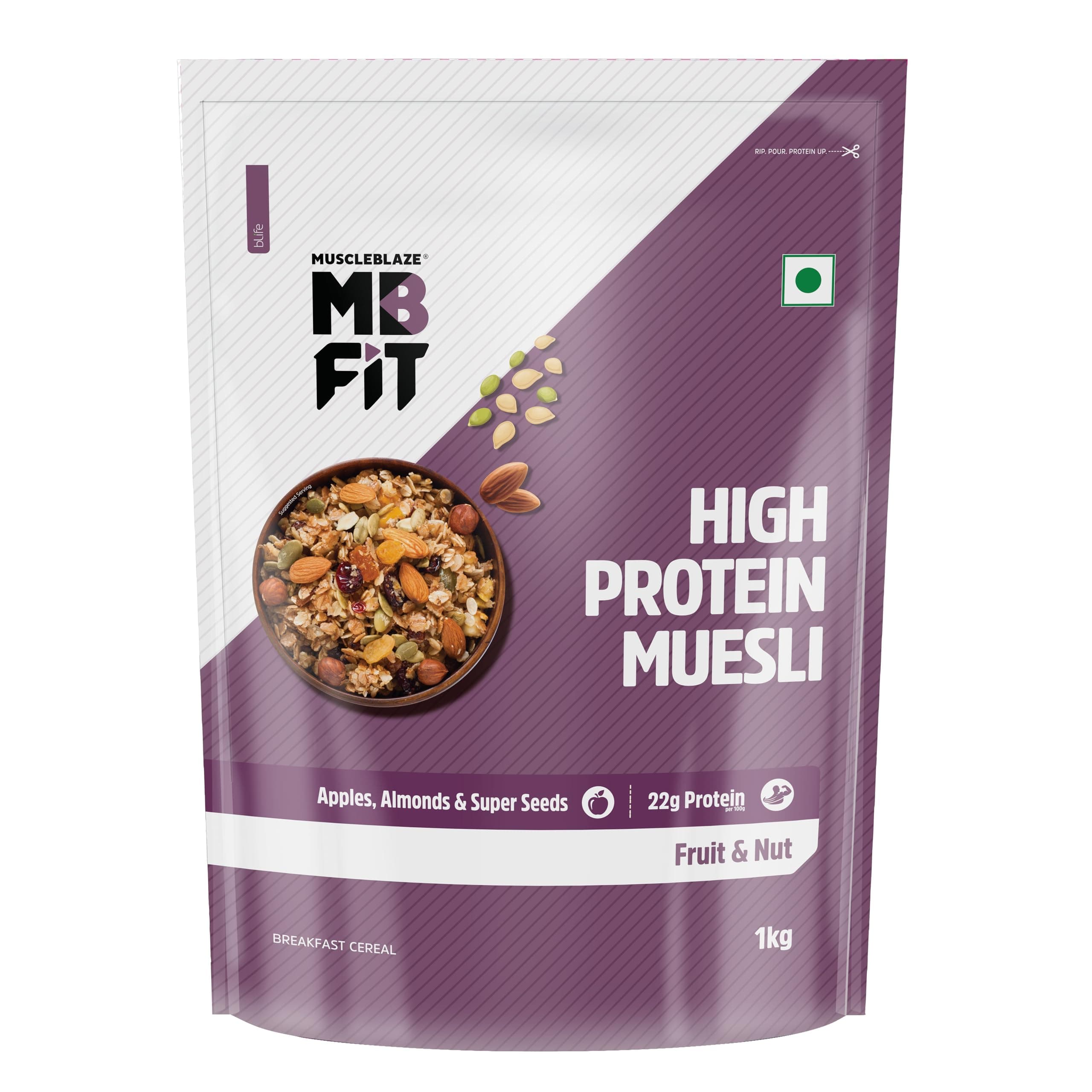 Fit High Protein Muesli (1kg, Fruits & Nut) | 22g Protein | With Apple, Almonds & Super Seeds, High Protein Breakfast Cereals
