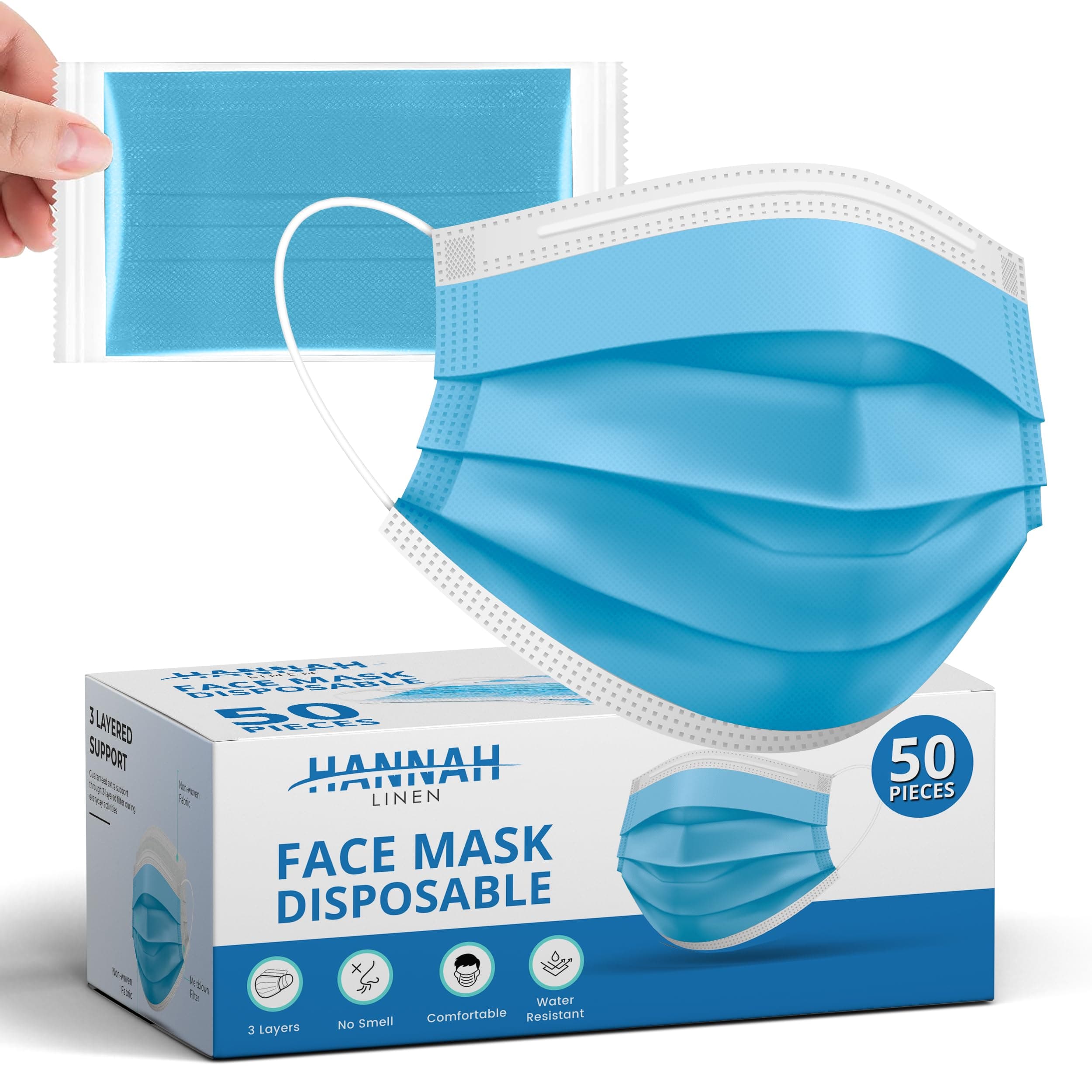 Disposable Face Masks / Safety Masks - 50 Pcs - Blue - 3 Layers Protective Face Masks For Adults and Teens, Breathable Facemasks