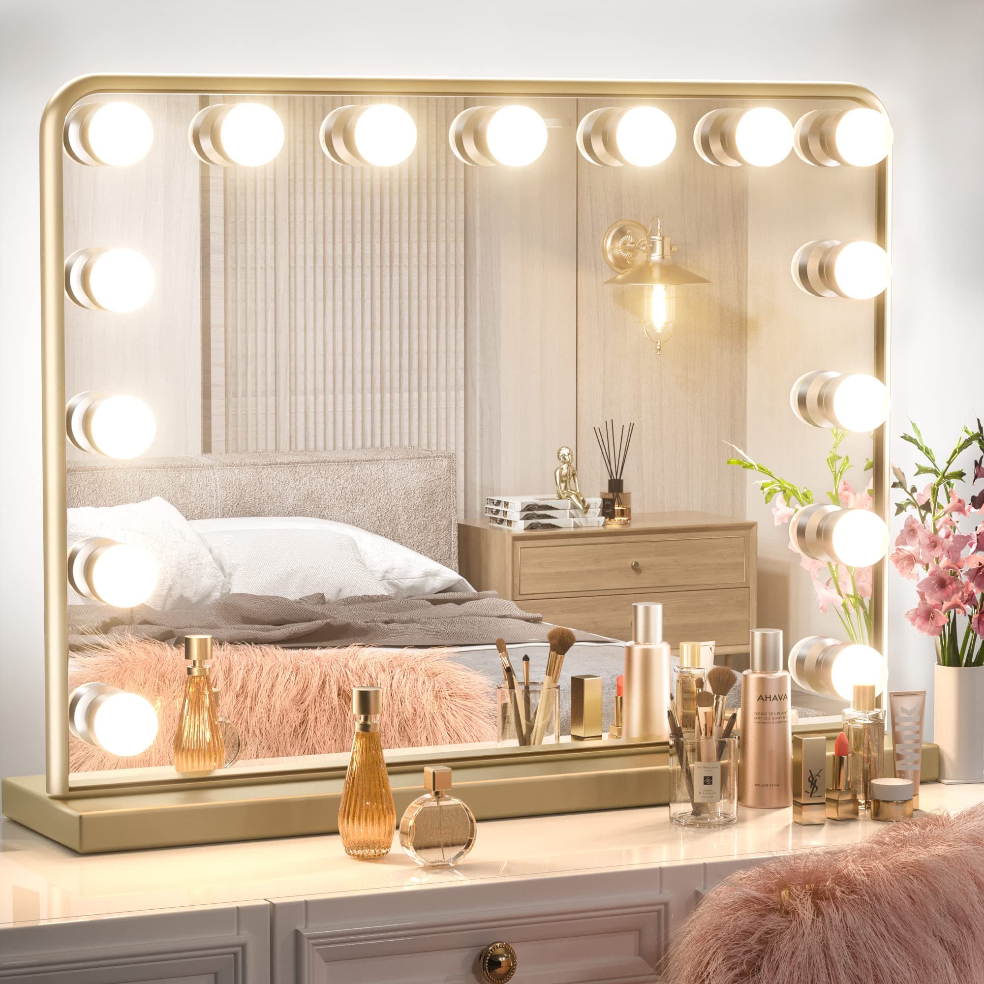 Keonjinn Gold Vanity Mirror with Lights 23" x 18", 15 LED Bulbs Hollywood Makeup Mirror with 2 Replacement Bulbs, 3 Color Lights, Aluminum Metal Frame, USB Charging Port for Gift Birthday Anniversary