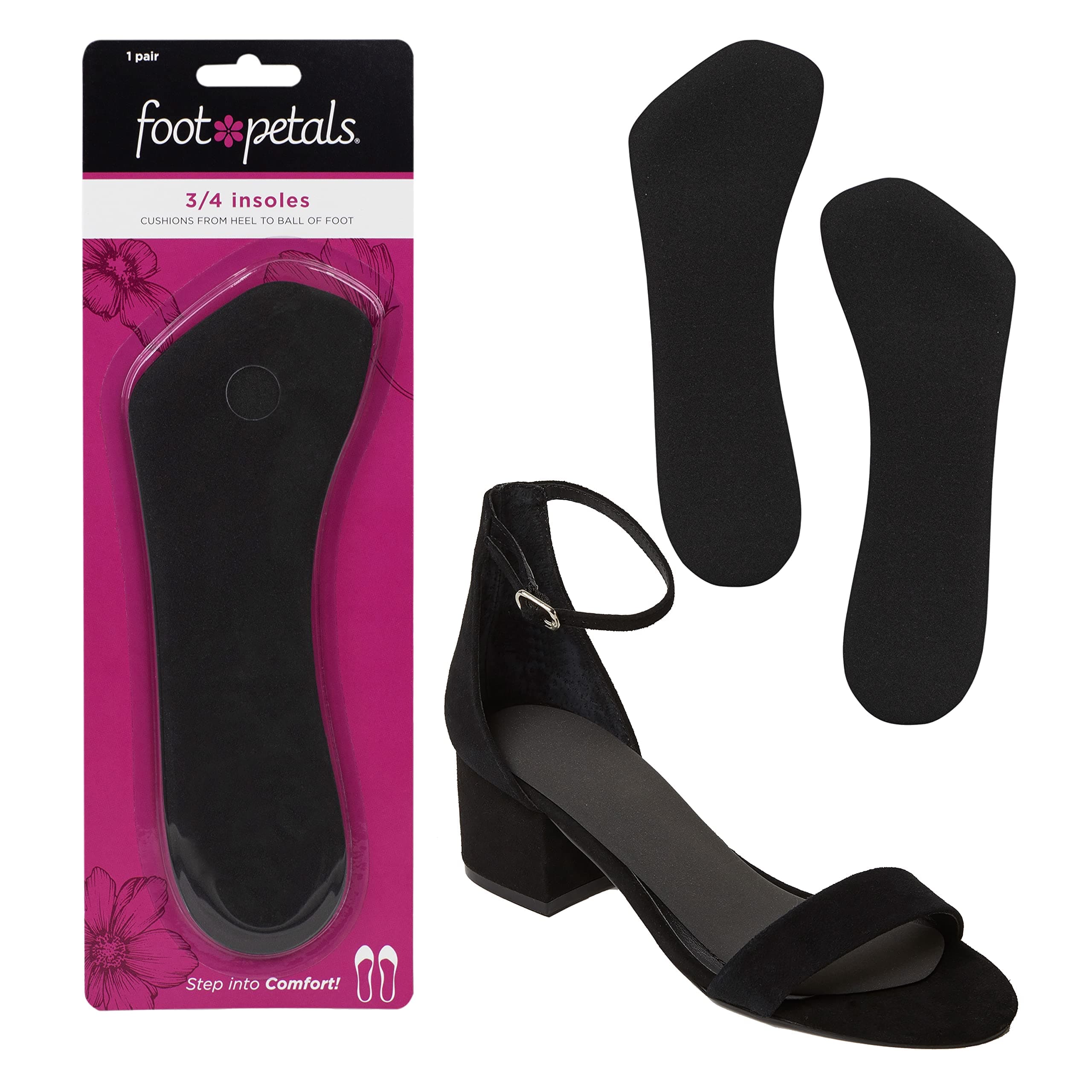 Foot Petals 3/4 Insole Cushions, Prevent Feet From Sliding Forward, Callus Prevention, Women's Heels, Wedges, Sandals, Black