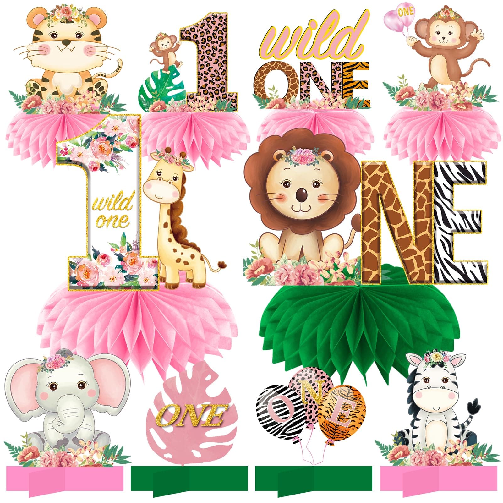 Eiurteao Wild One Birthday Decorations Honeycomb Centerpieces for Baby Girls, Safari Jungle 1st Birthday Table Centerpieces Party Supplies, Pink Safari Animal First Bday Table Topper Sign Decor
