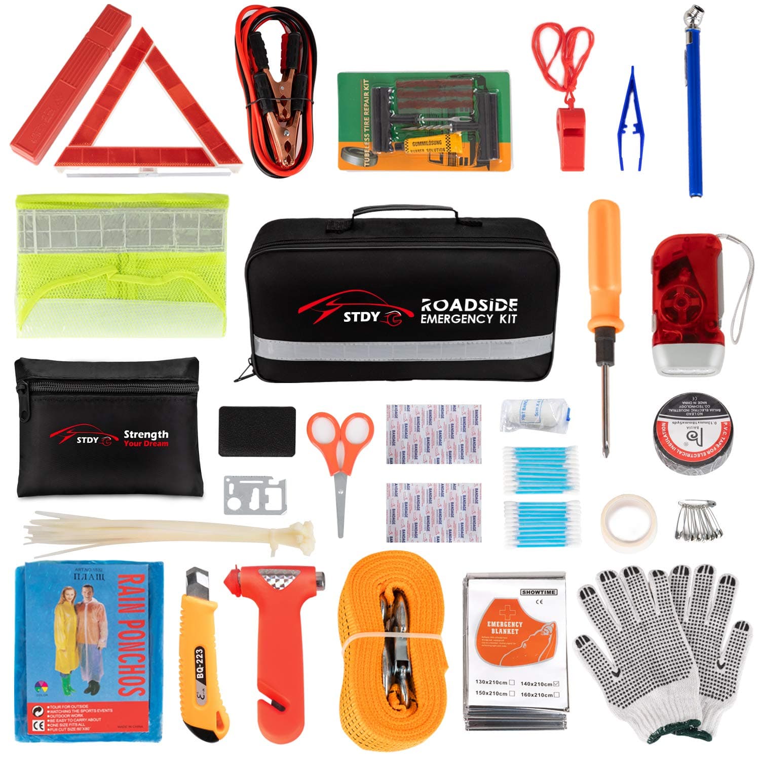 STDY Car Roadside Emergency Kit, Vehicle Truck Safety Road Side Assistance Kits Auto Accessory, with Jumper Cables, Tow Rope, Reflective Triangle, Tire Pressure Gauge, etc