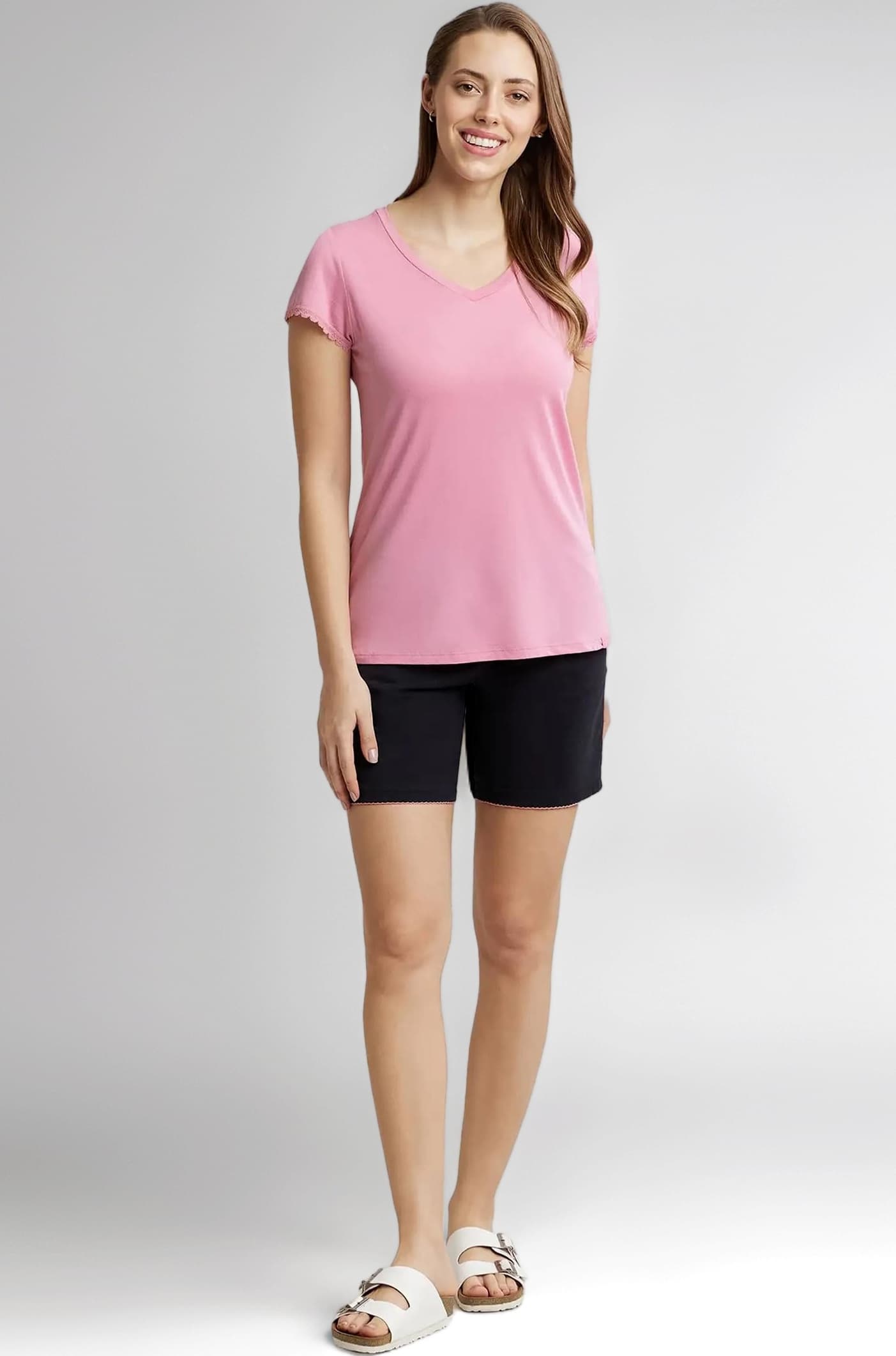 Jockey RX12 Women's Micro Modal Cotton Relaxed Fit Solid V Neck Half Sleeve T-Shirt with Lace Trim On Sleeves