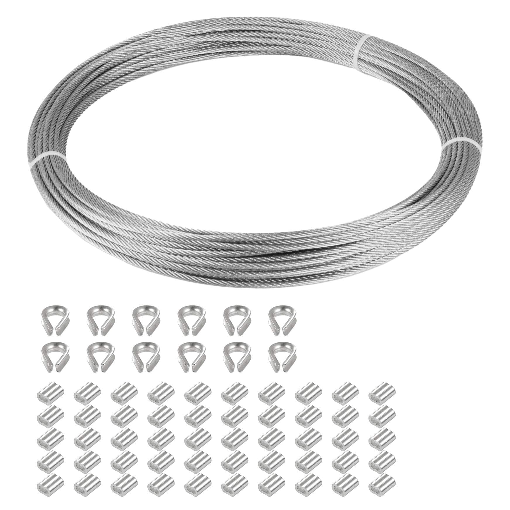 Eowpower 1/16 inch Stainless Steel 304 Aircraft Cable Wire Rope Marine Grade, 33 FT Length 7x7 Strand Core with 50 Pieces Aluminum Sleeves and 12 Pcs Thimbles