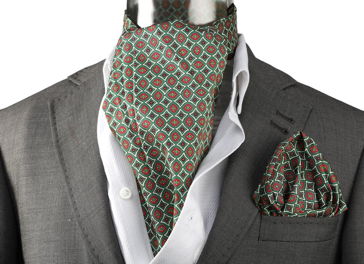 Mailando Ascot Cravat Tie and Hanky Set Paisley Luxury Neckerchief green