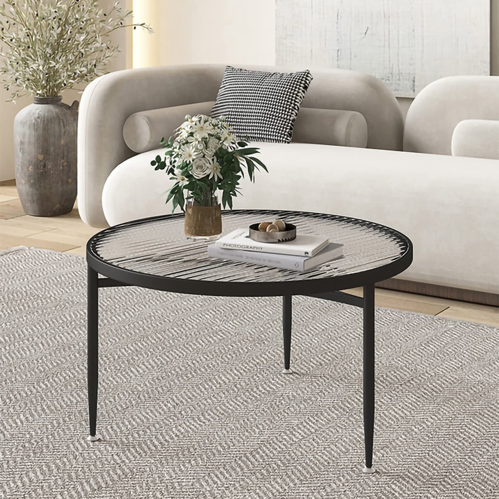 Glass Coffee Table Round Living Room Centre Table with Metal Legs Modern End Side Sofa Table Adjustable Non-Marring Foot Caps Coffee Tea Table for Living Room, Office, Home 24'', 28'', 31''