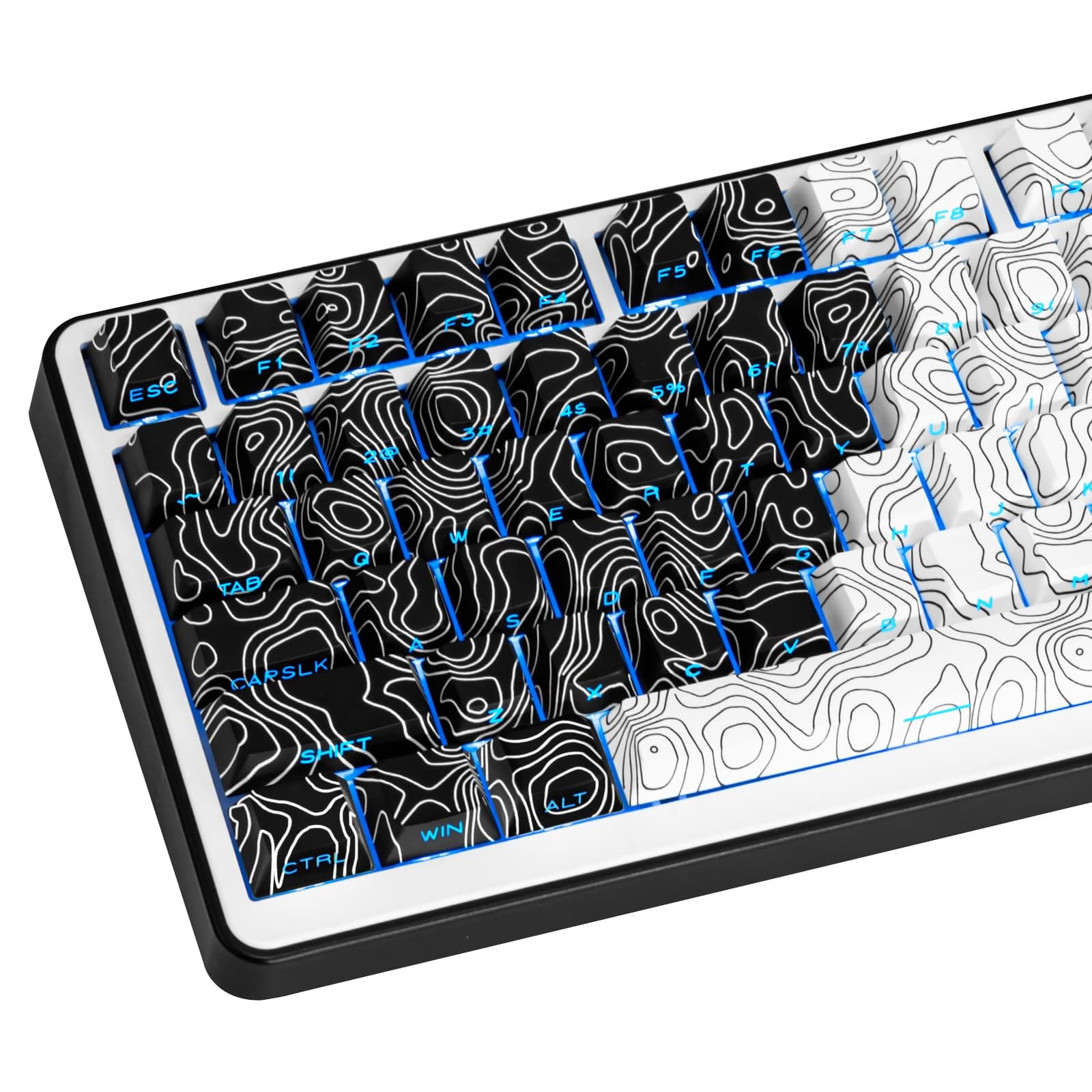 GEKUCAP131 Keys PBT Keycaps Cherry Profile Side Printed Keycaps Dye Sub Shine Through Custom Keycaps Black White Topographic Keyboard Keycap Set for Cherry Gateron MX Switches Mechanical Keyboard