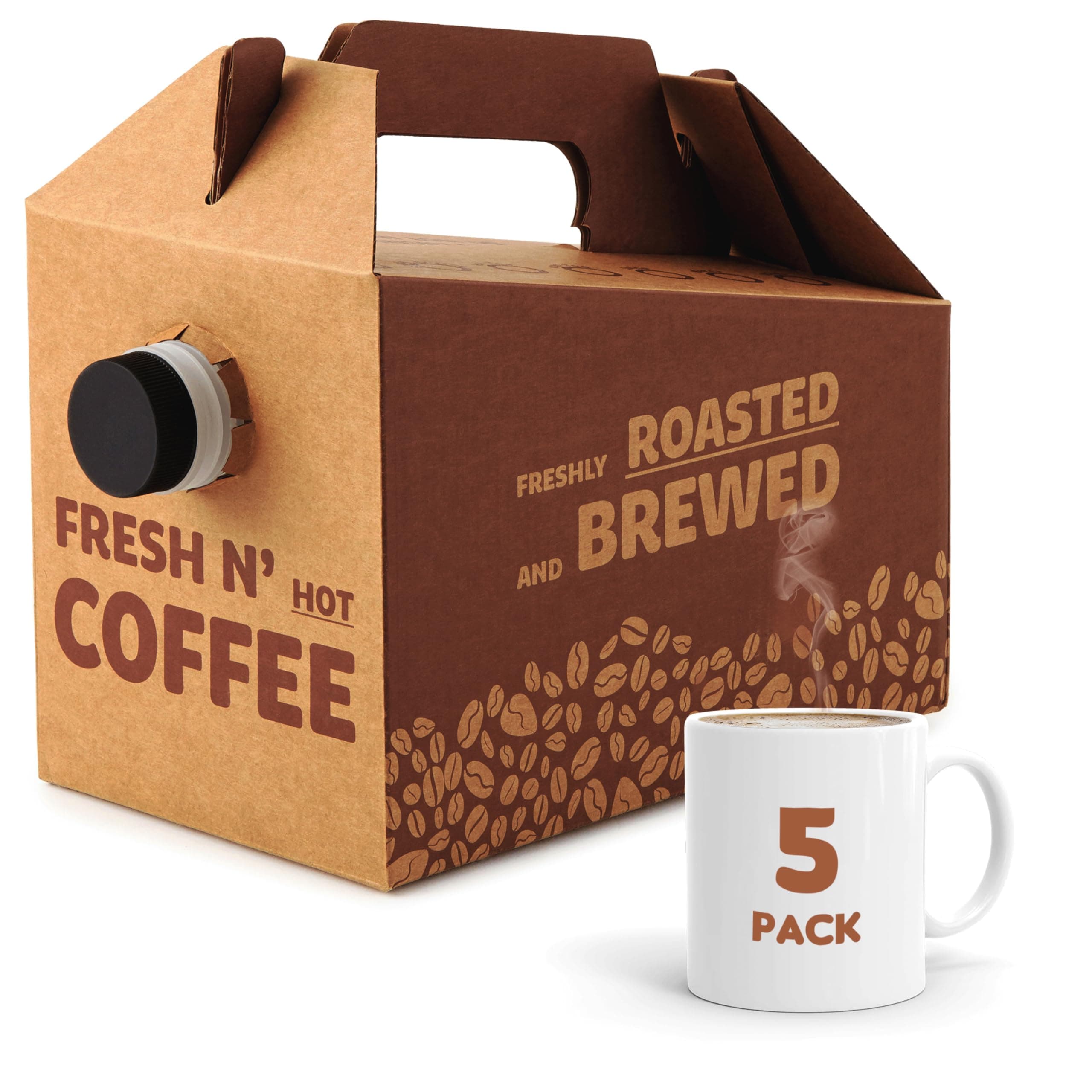 Stock Your Home (5 Pack) 96 oz Disposable Coffee Box Dispensers, Insulated Hot Cold Bulk Beverage Server Carafe, Coffee Carrier with Handle Take Out Containers, Cardboard Traveler To Go Boxes