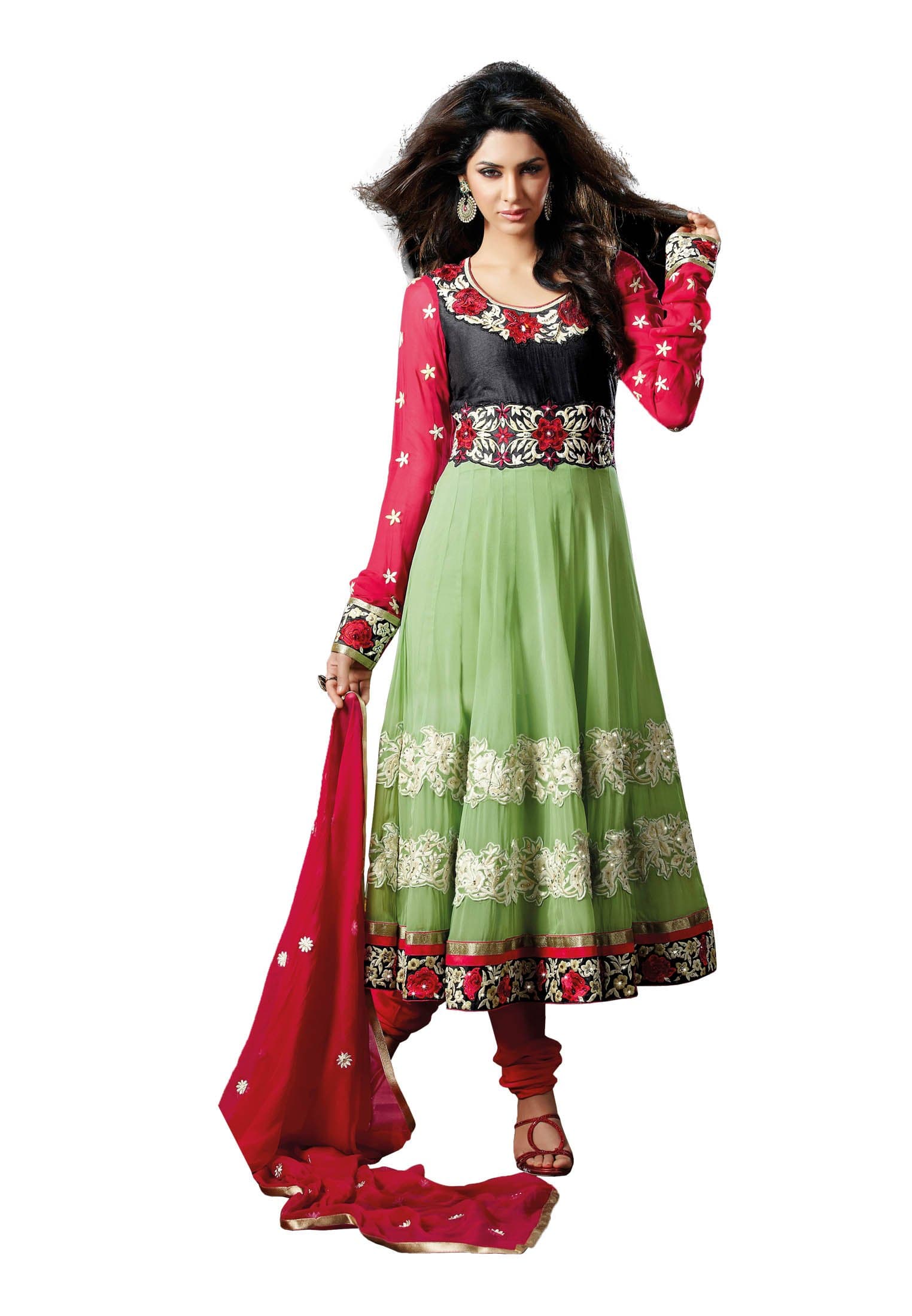 Women's Indian Designer Wear Embroidered Salwar Green & Red
