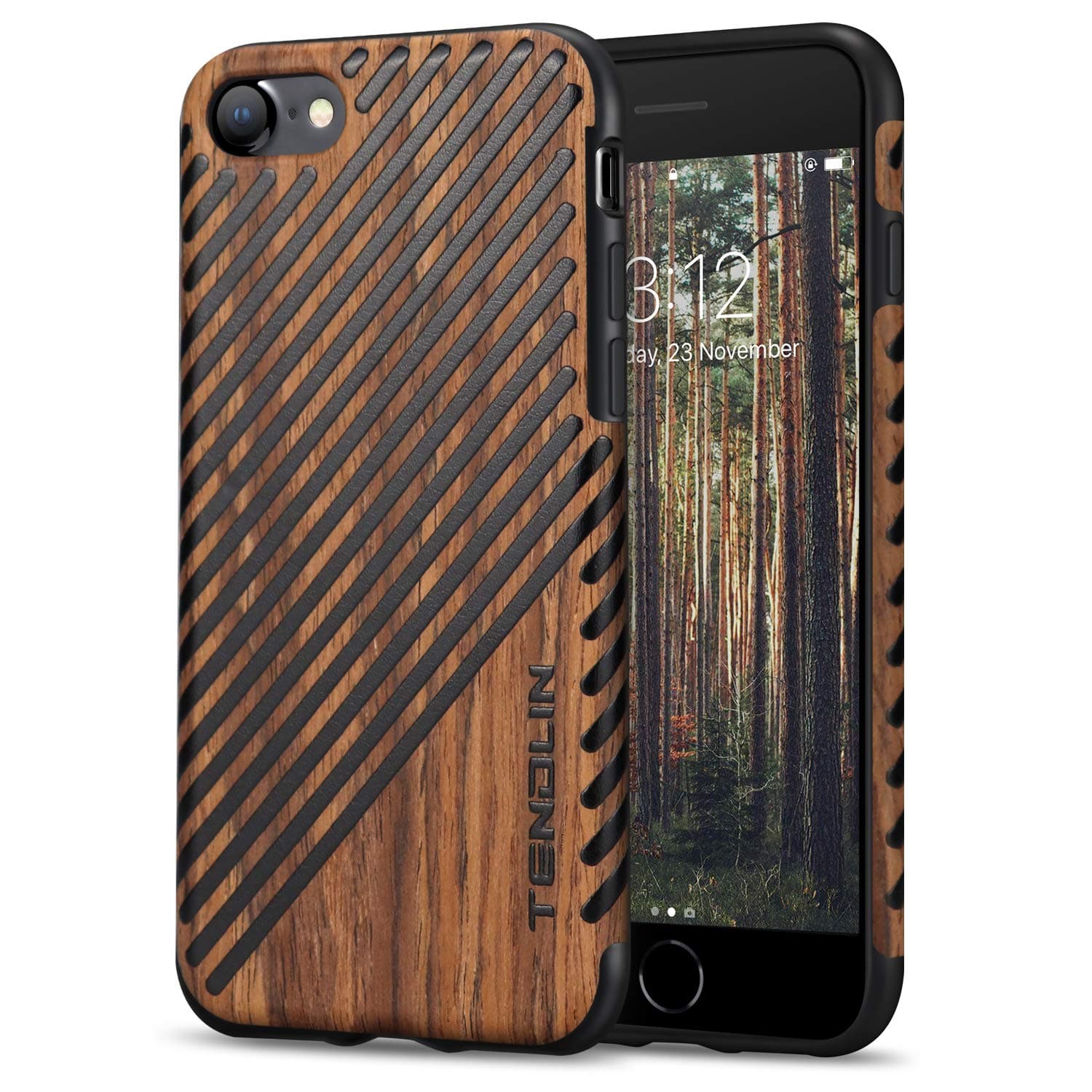 TENDLIN iPhone 7 Case/iPhone 8 Case Wood Grain Outside Soft TPU Silicone Hybrid Slim Case for iPhone 7 and iPhone 8 iPhone 7 / iPhone 8 case-wolea-7G-BLA