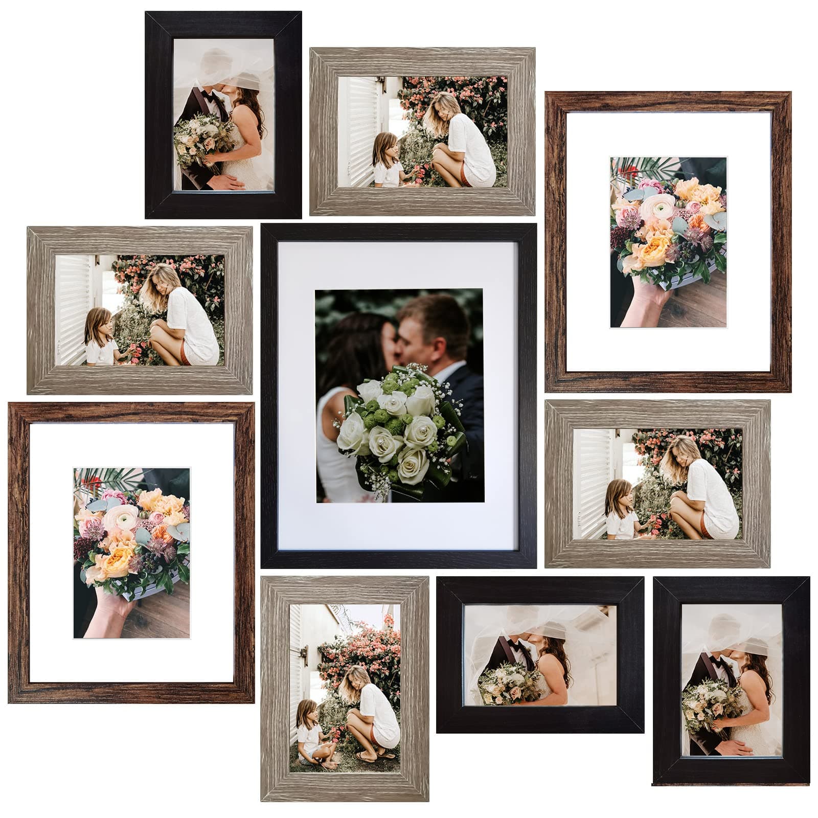 SESEAT Picture Frames Collage, Gallery Wall Frame Set with 11x14 8x10 5x7 4x6 Frames in 3 Different Finishes, Set of 10