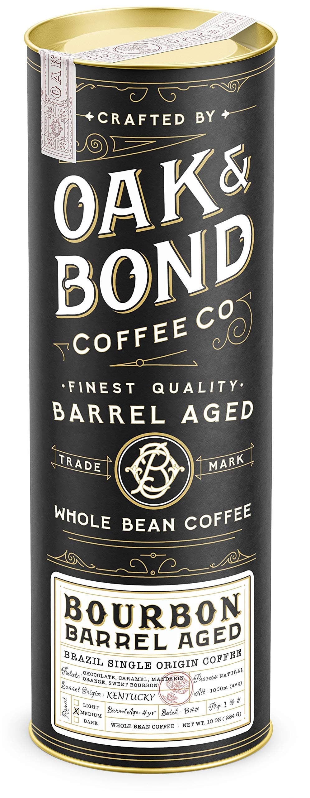 Bourbon Barrel Aged Coffee - Whole Bean Coffee, Brazil Single Origin Whole Bean Coffee Aged in Bourbon Whiskey Barrels by Oak & Bond Coffee Co. - 10 oz