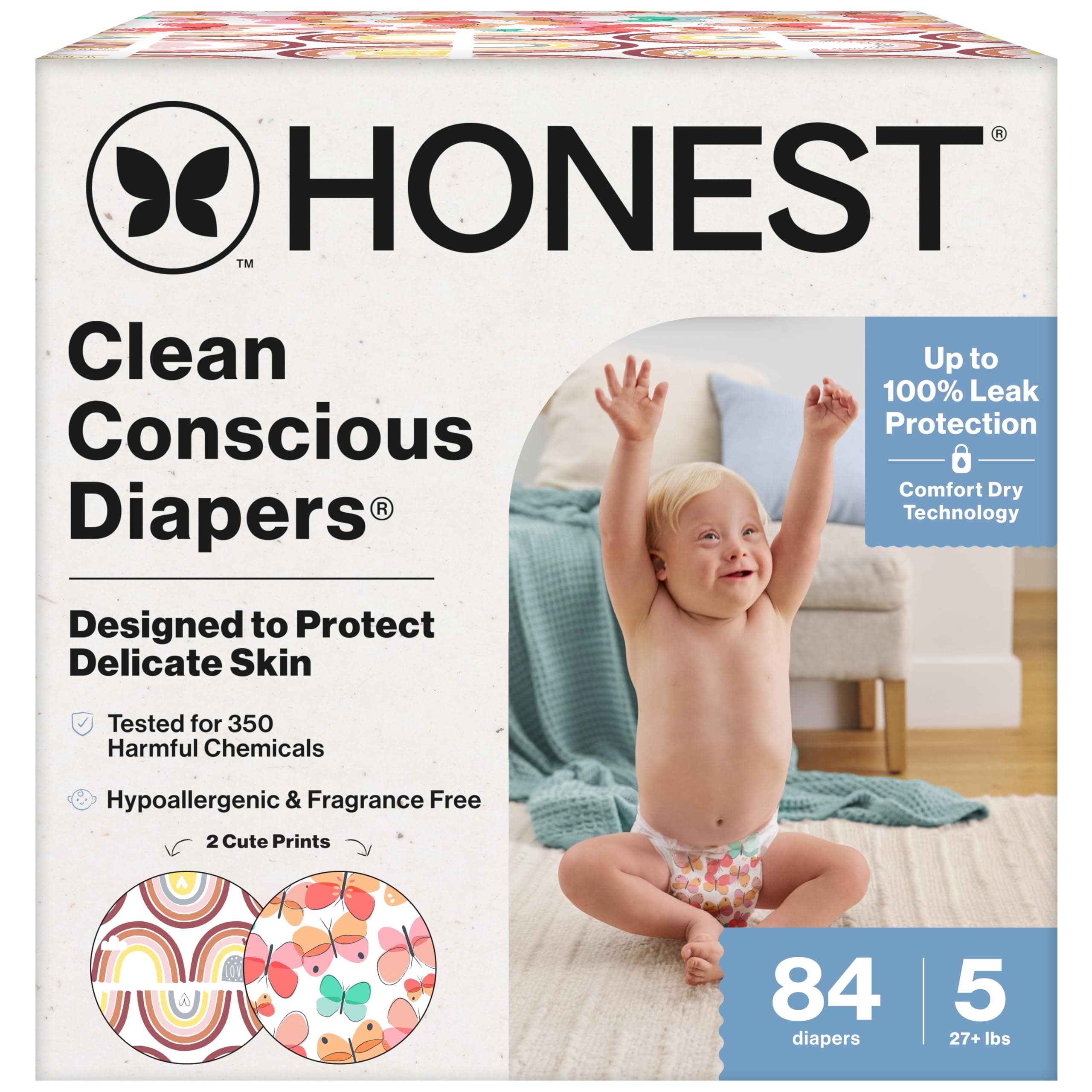Comfort Dry Diapers, Hypoallergenic, Fragrance-Free, Sensitive Skin, Wingin' It + Catching Rainbows, Super Club Box Size 5 (27+ lbs), 84 Count