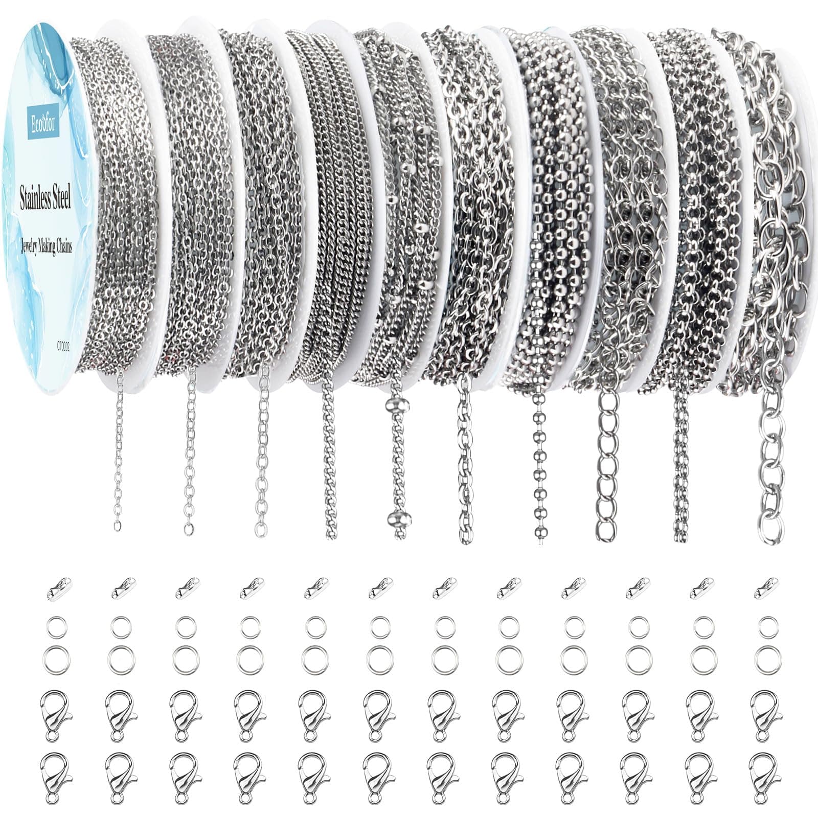 Ecoofor Necklace Chains for Jewelry Making, 78.7 Feet 10 Rolls Stainless Steel Jewelry Chains for DIY Necklace Bracelet Jewelry Making with Stainless Steel Jump Rings/Lobster Clasps/Connectors