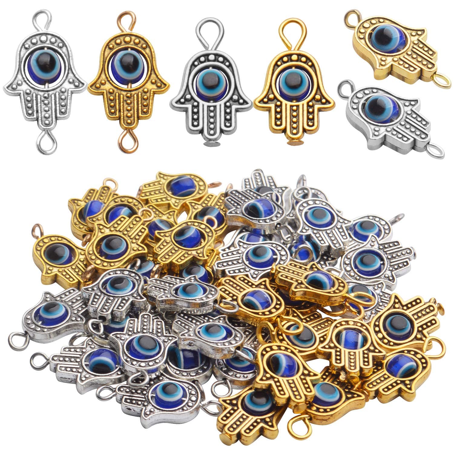 Hendevl Hamsa Hand Beads Charms, 40pcs Antique Silver & Gold Evil Eye Beads Fashion Connectors Pendants for DIY Jewelry Making