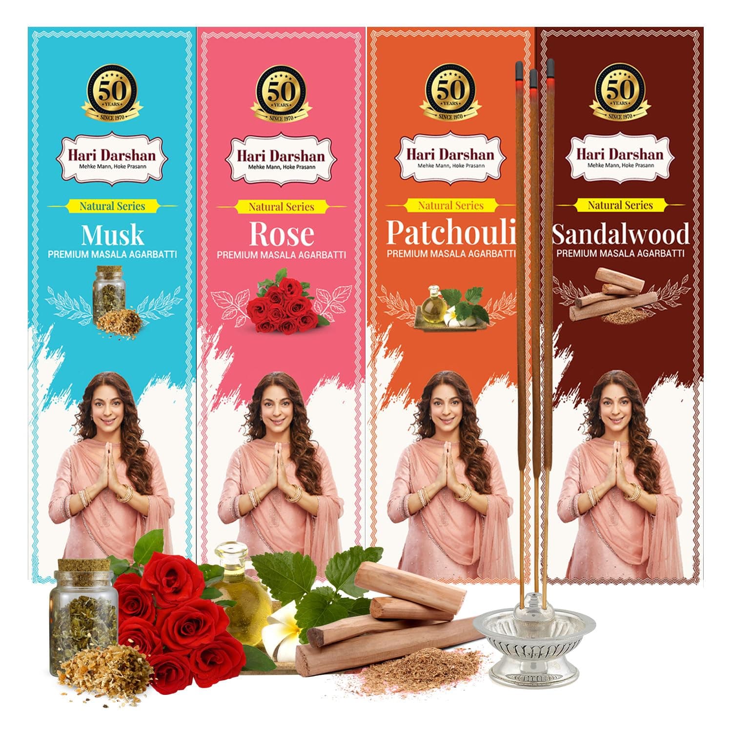 Hari Darshan Premium Masala Agarbatti Combo – 160 Sticks | Rose | Sandalwood | Musk | Patchouli | Natural Long-Lasting Fragrance for Pooja Havan Meditation & Relaxation | Pack of 4 (40 Sticks Each)