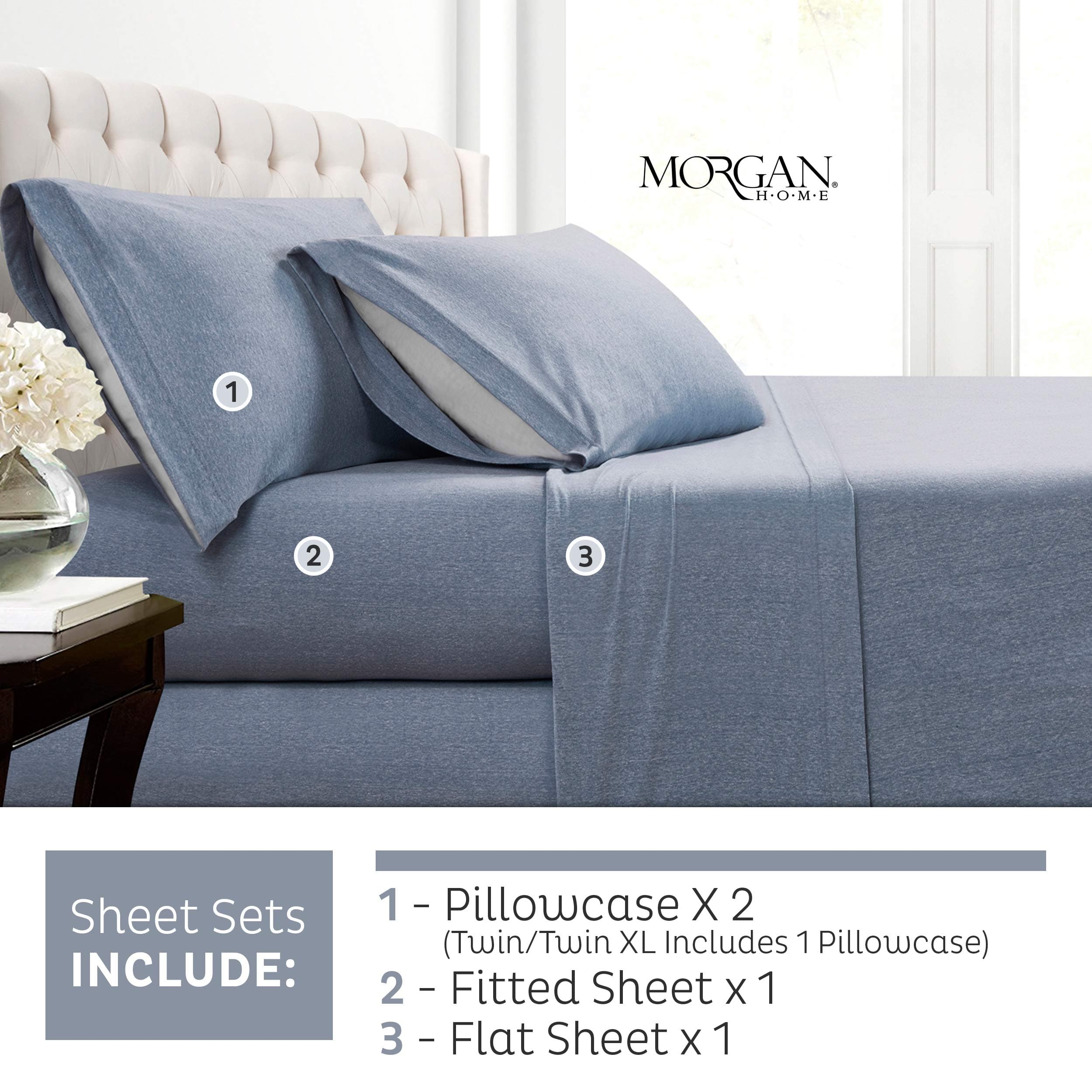 Morgan Home Fashions Cotton Rich T-Shirt Soft Heather Jersey 2 Pack Pillowcase Set - All Season Pillowcases Warm and Cozy, Comfort by Morgan Home