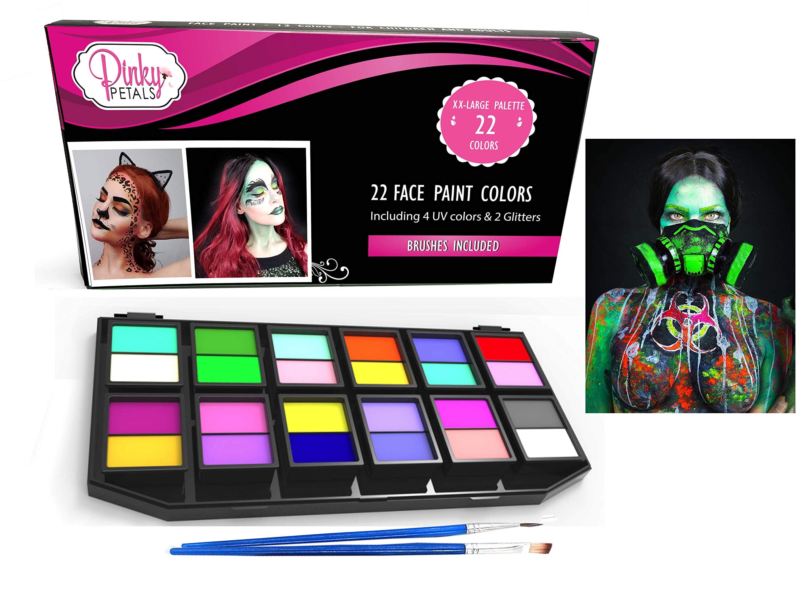 Face Paint Kit for Kids and Adults - 12 Colors XL Set 1 Glitter 1 UV Glow Color (24 Colors)