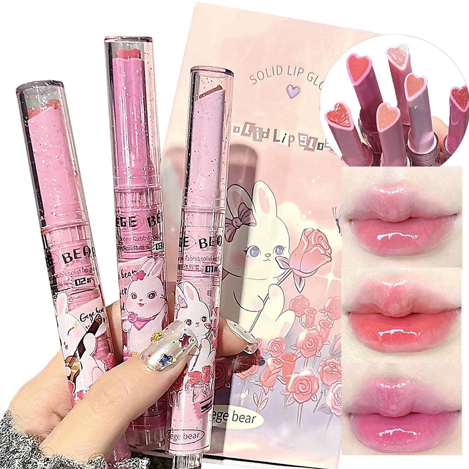 3 Colors Jelly Lipstick Gift Set, Tinted Heart Shape Lip Stain Lip Gloss, Mirror Hydrating Jelly Love Lipstick, Moisturizing Tinted Lip Balm, Vivid Color Glossy Lip Makeup for Girls (B)