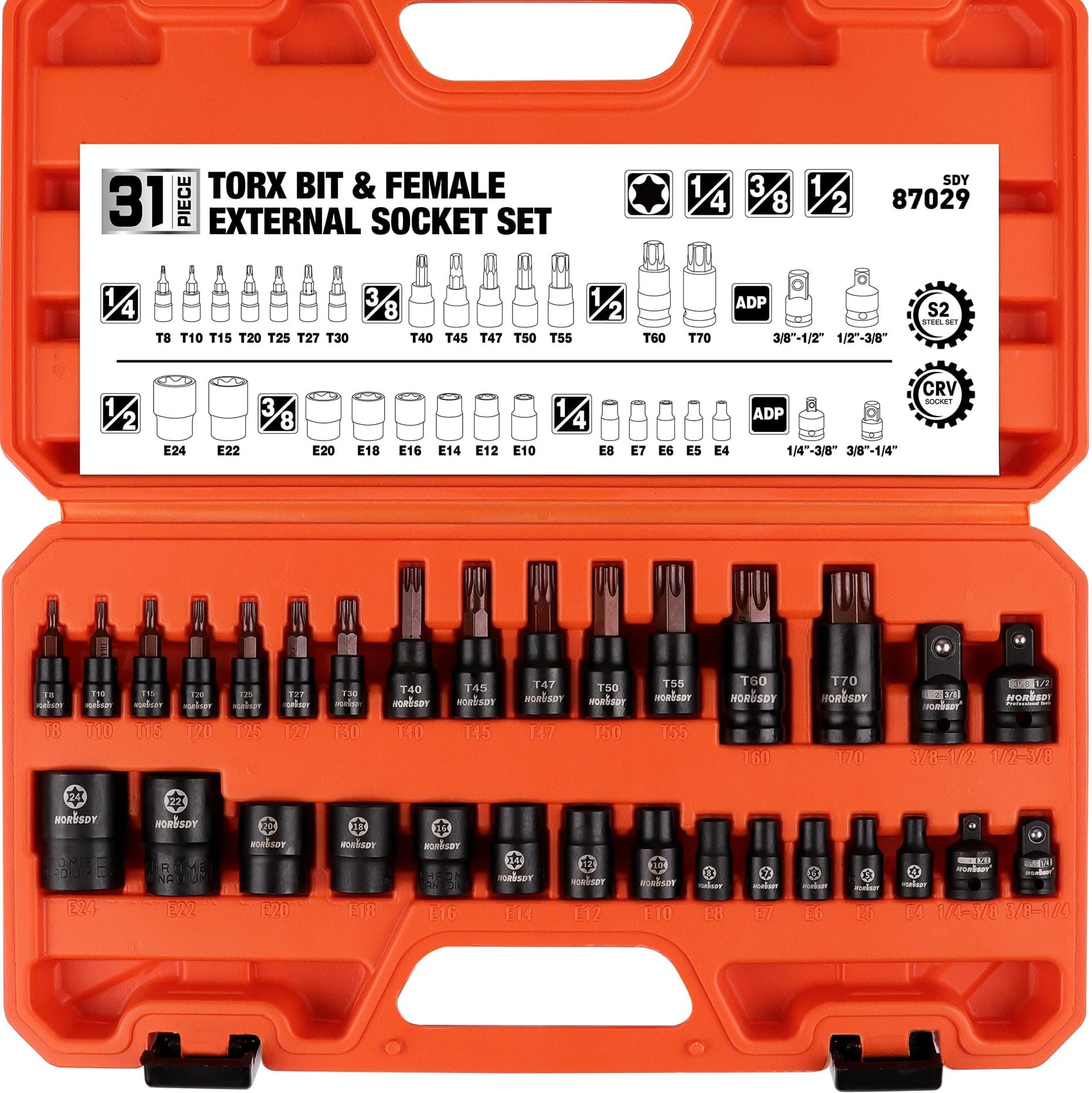 HORUSDY 31Pcs Torx Bit Socket Set,14 Star Bits (T8-T70) and 12 Female E-Torx Sockets (E4-E24), 4 Impact Socket Adapter Set with High Torque Laser Marked for Automotive Mechanic