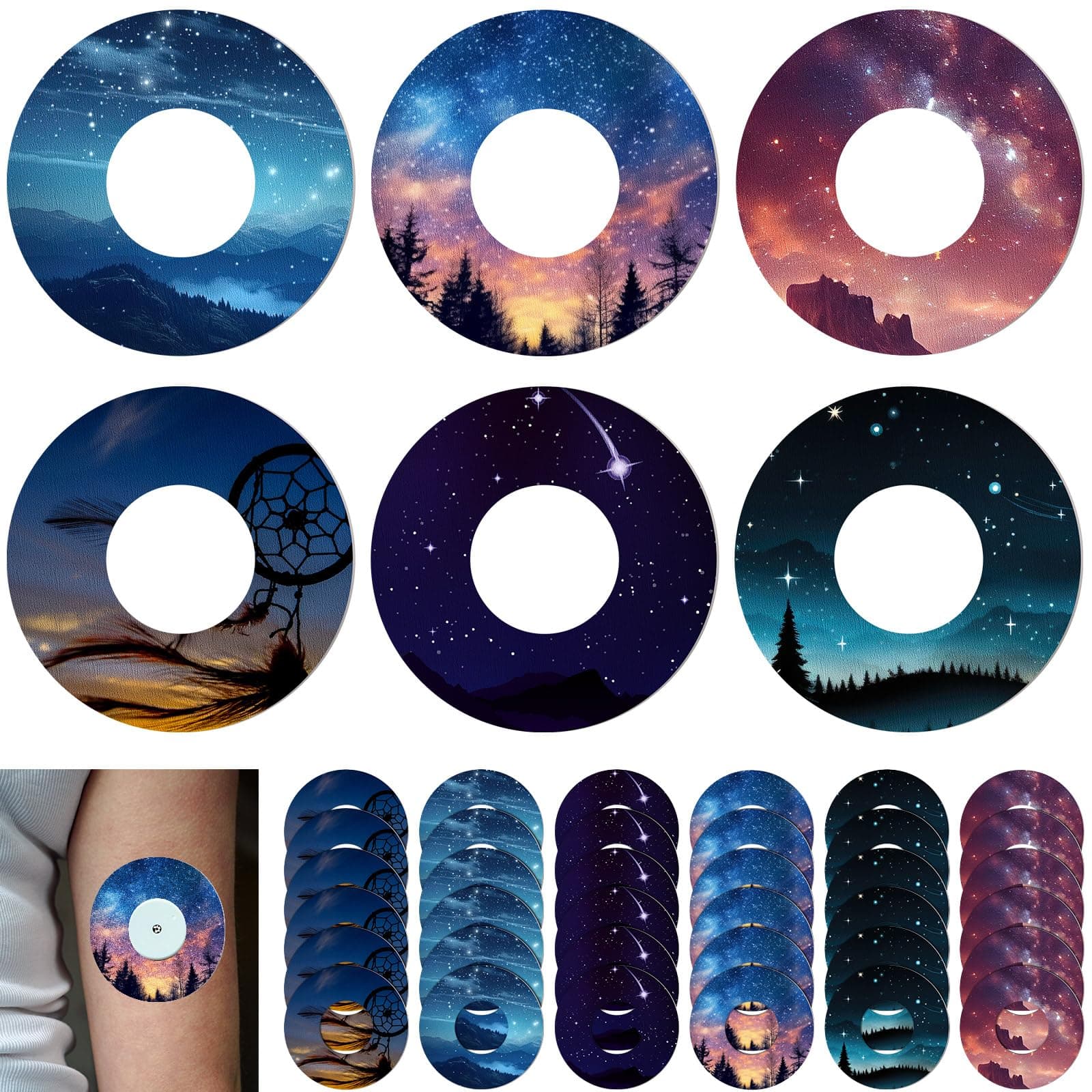 36 Pack Adhesive Patch for Libre 2 Sensor with Starry Sky CGM Patches Waterproof CGM Covers Sweatproof Colored Sensor Continuous Glucose Monitor Protection Cover Split Backing Stick