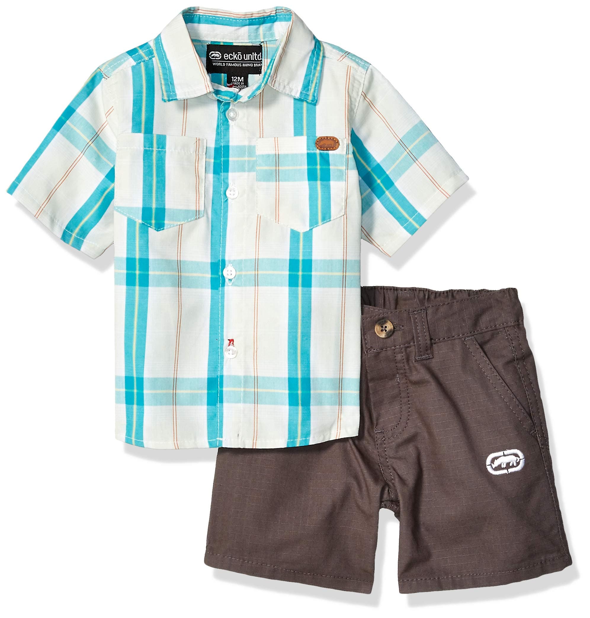 Ecko Baby Boys Sleeve Plaid Woven Shirt and Short Set, Green, 18M