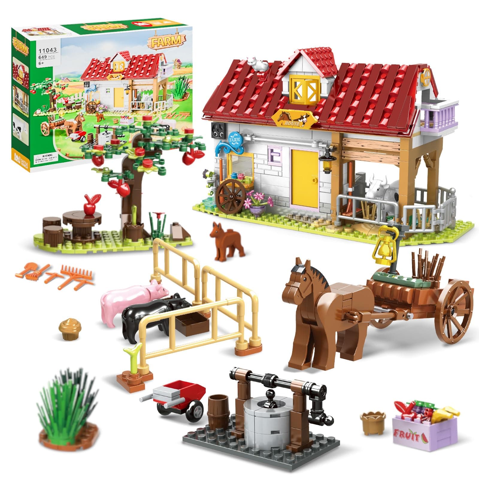 OKKIDY Farm House Building Set Toy for Girls Boys - 649 PCS Farm Animals Building Block Set with Carriage Farm Tools, Creative for Kids Ages 6 7 8 9 10 11 12+