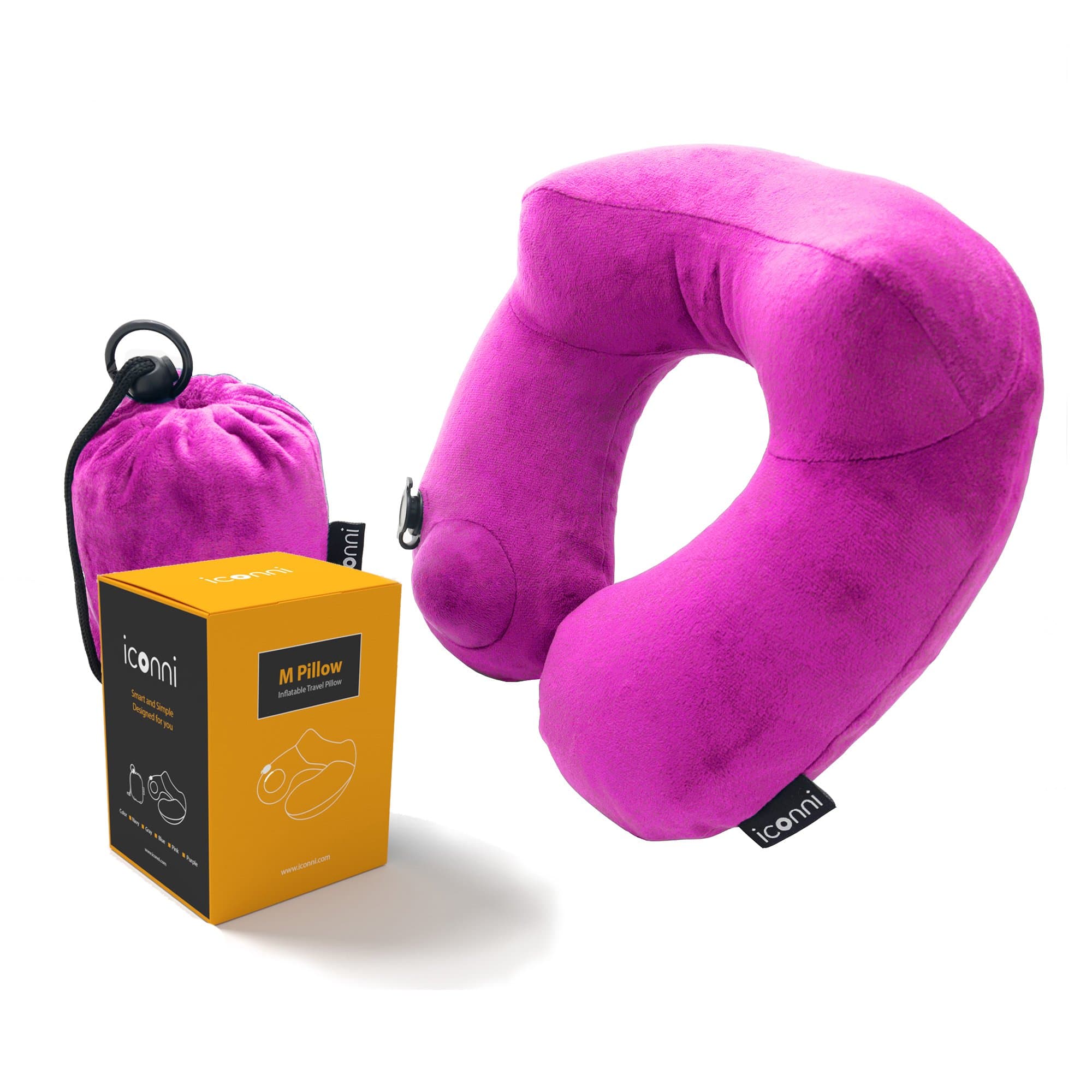 M Pillow (Rest Easy) Premium Inflatable Travel Neck Pillow, Super Comfy Ergonomic Design, Inflate with Hand, Luxury Velvet Washable Cover, Hygienic, Easy to Use and Pack, One Year Warranty (pink)