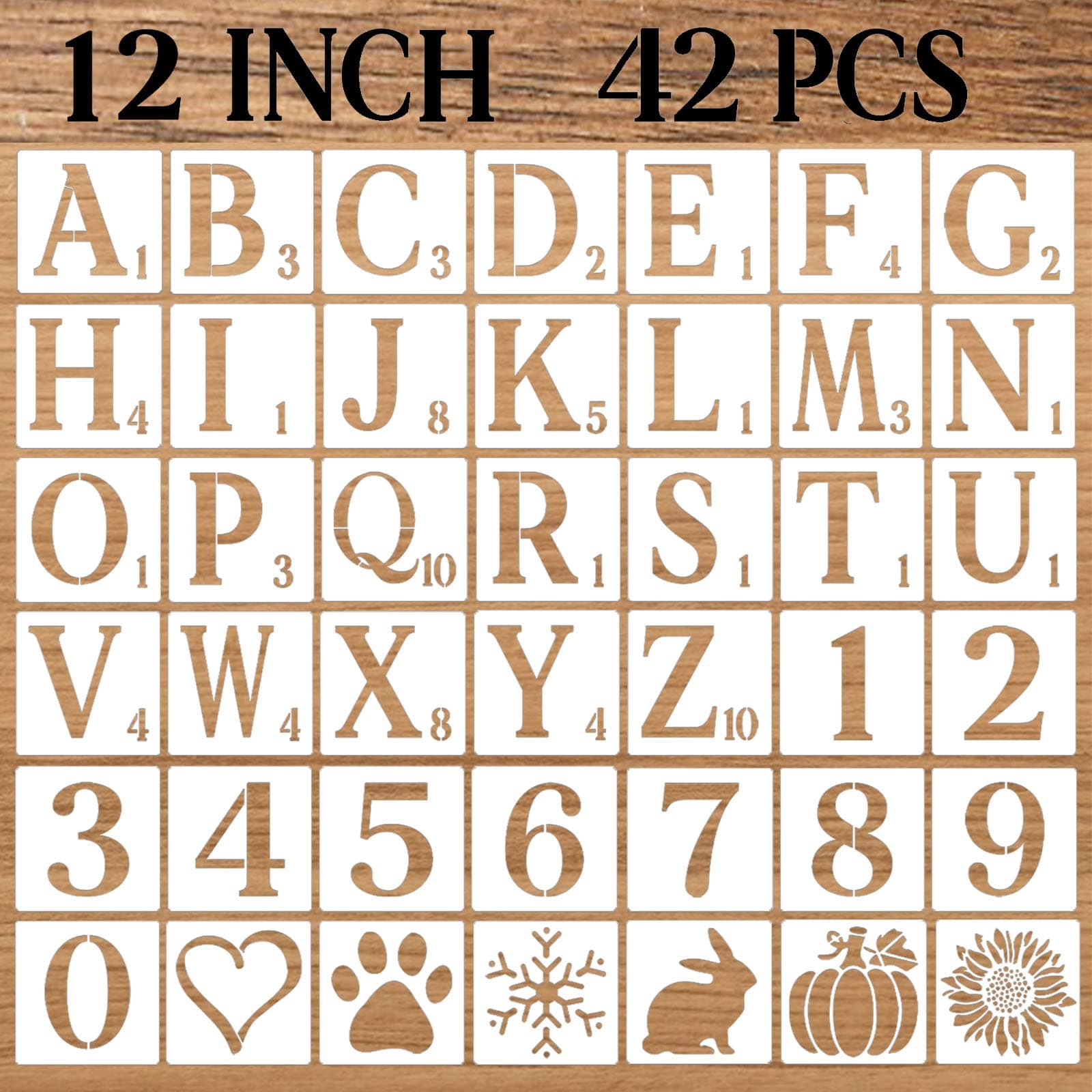 12 Inch Letter Stencils Numbers Craft Stencils, 42 Pcs Reusable Plastic Alphabet Drawing Templates for Painting on Wood, Wall, Fabric, Rock, Signage, Door Porch, DIY Art Projects