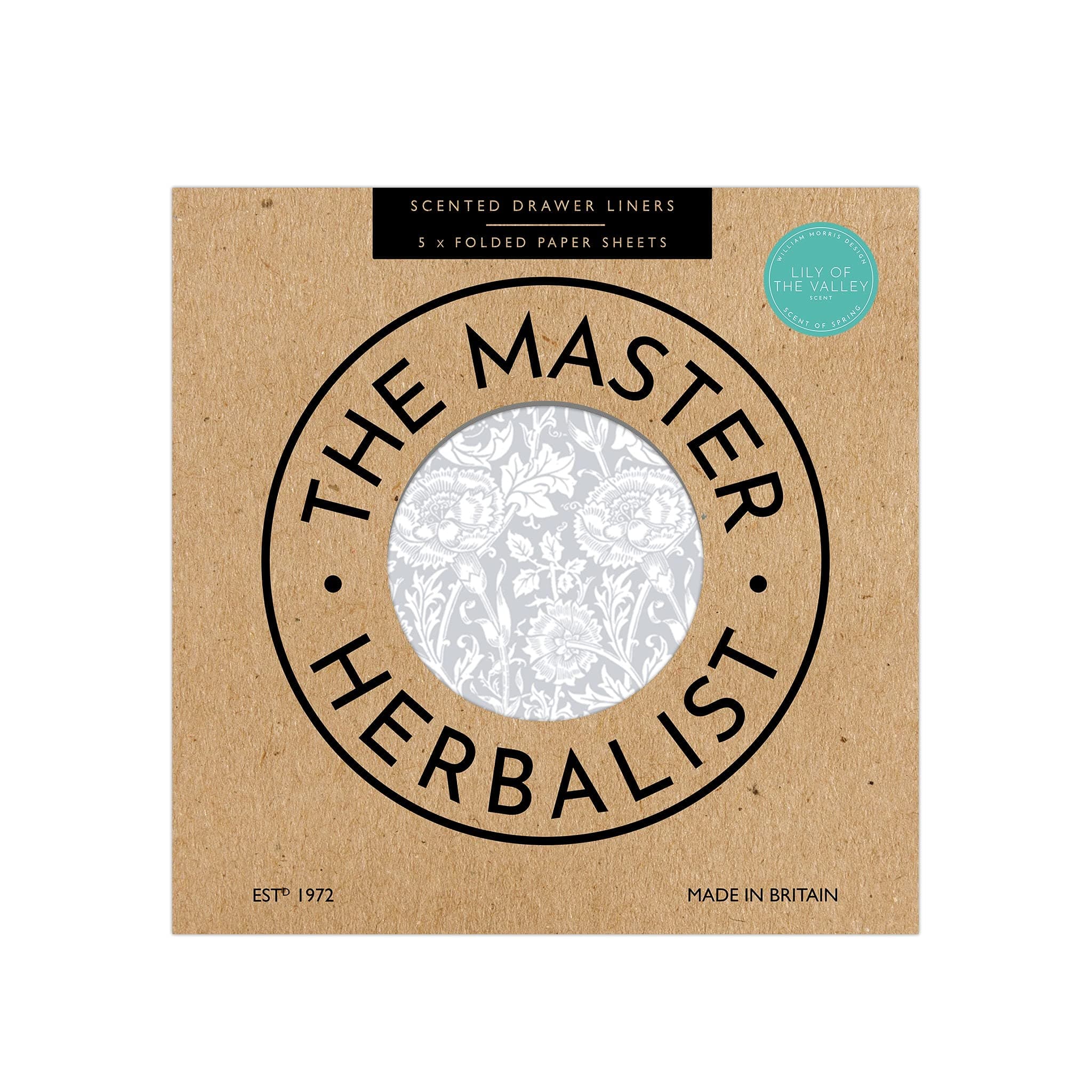 The Master Herbalist LILY OF THE VALLEY Scented Drawer Liners in a GREY William Morris Design. Contains Essential Oils. Pack of 5 Sheets (FOLDED)