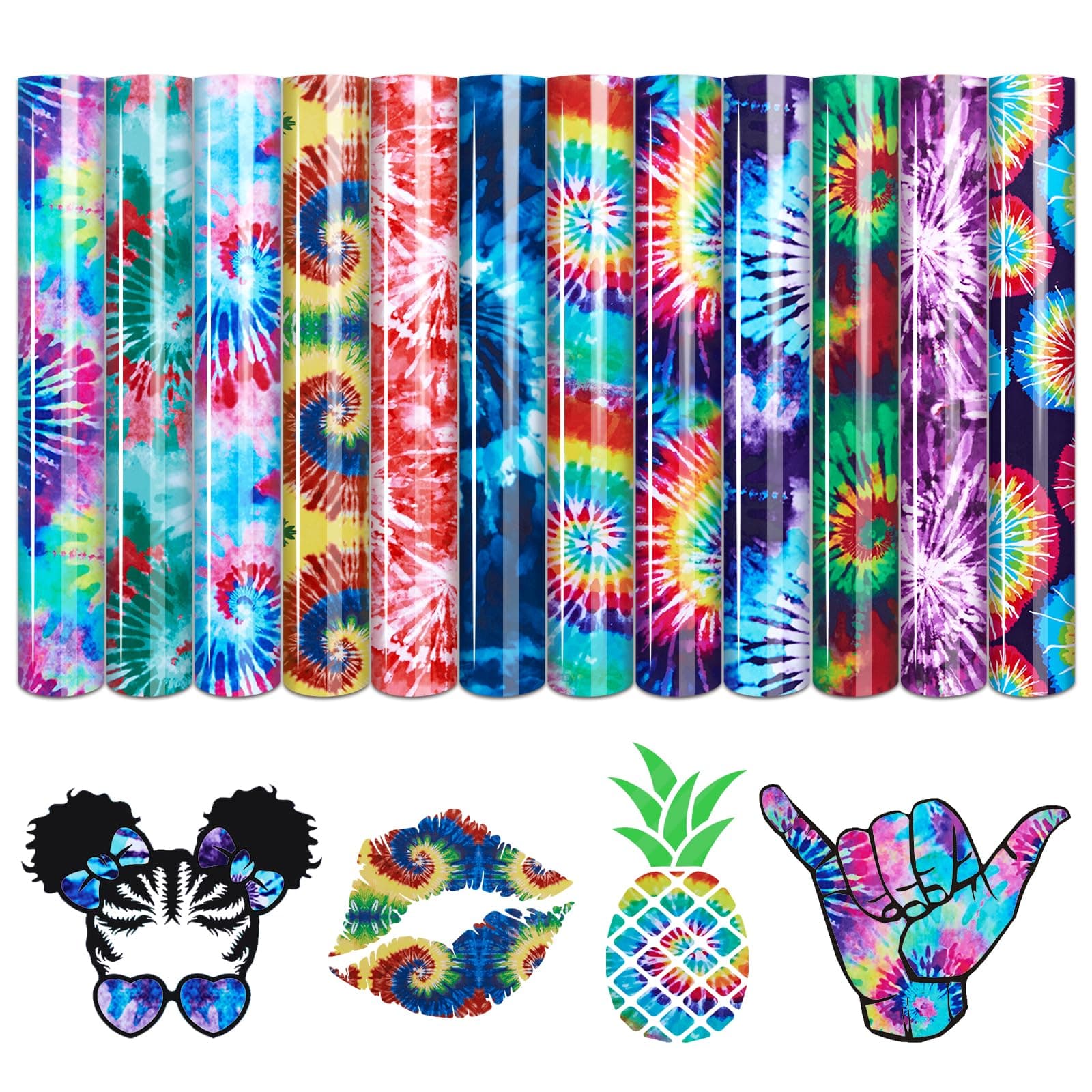 Tintnut Tie Dye Heat Transfer Vinyl - 12 Sheets Bundle, 10x12 Inch, Watercolor Swirl Patterned Iron on Vinyl for T-Shirts, Compatible with Cricut or Silhouette Cameo ﻿