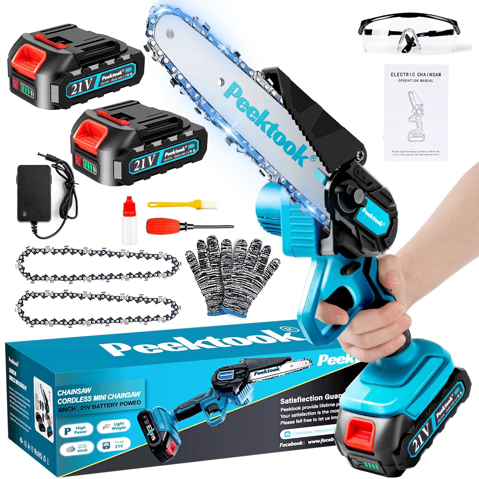 Mini Chainsaw Cordless 6Inch, Peektook Chain Saw Electric Chainsaw Battery Saw with 2 2.0Amh Battery & 2 Chains, Small Chain Saw Electric Saw with Strong Motor for Tree Trimming, branches cutting