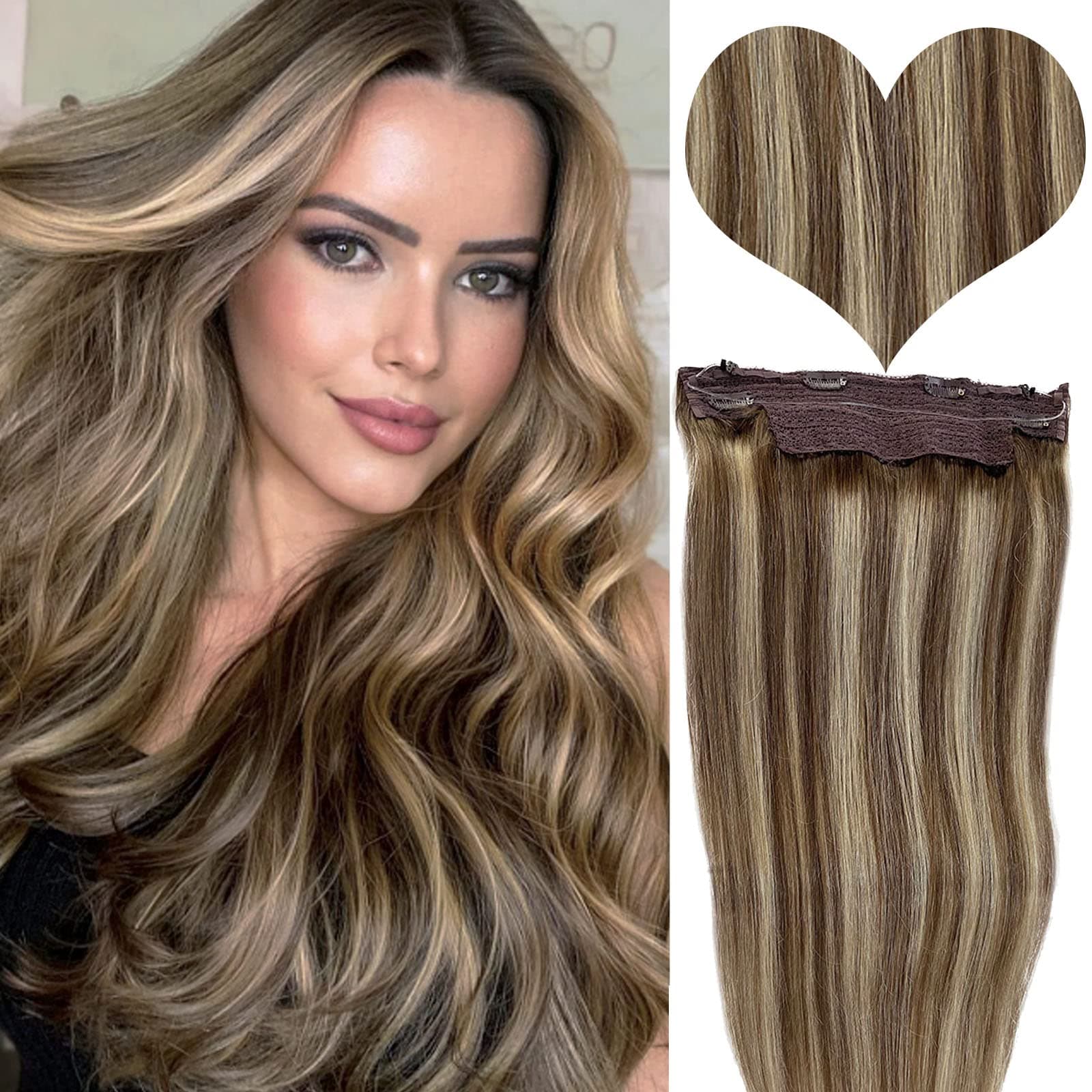 Remy Halo Hair Extensions Real Human Hair Ombre Ash Brown Mixed Blonde Highlights Hidden Wire Human Hair Extensions with Invisible Fish Line Balayage Hair Extensions 22inch 100g