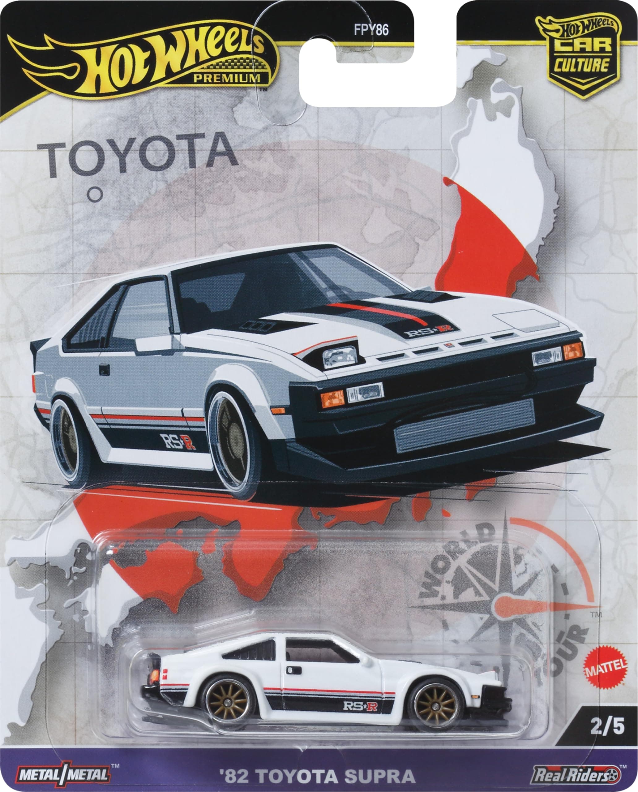 Premium Car Culture Collectible Toy Car, 1:64 Scale Die-Cast '82 Toyota Supra, World Tour Vehicle with Real Riders Tires
