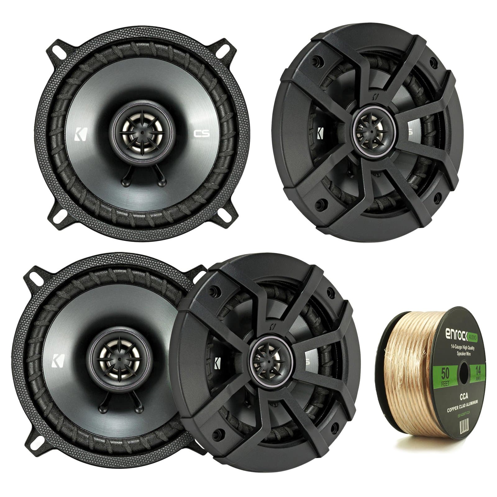 Car Speaker Package of 4X Kicker 43CSC5 450-Watt 5-1/4" Inch CS Series 2-Way Black Car Coaxial Speakers - Bundle Combo with Enrock 50 Foot 14 Gauge Speaker Wire