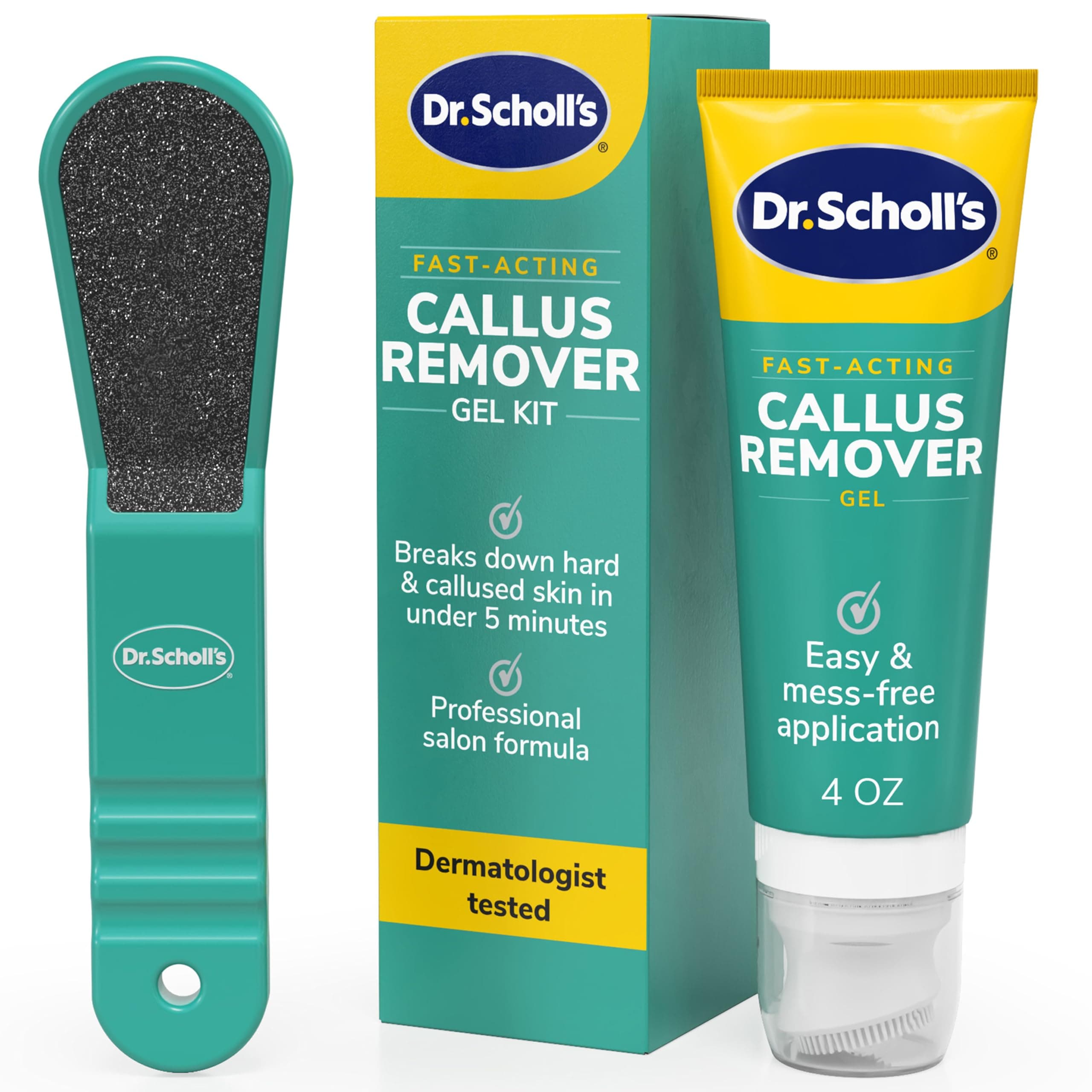 Dr. Scholl's Fast Acting Callus Remover Gel Kit, Hard Skin Removal, Smooth Soft Feet in Minutes, Salon Professional Formula, Mess Free Application, Exfoliating Foot File Pedicure Tool Included