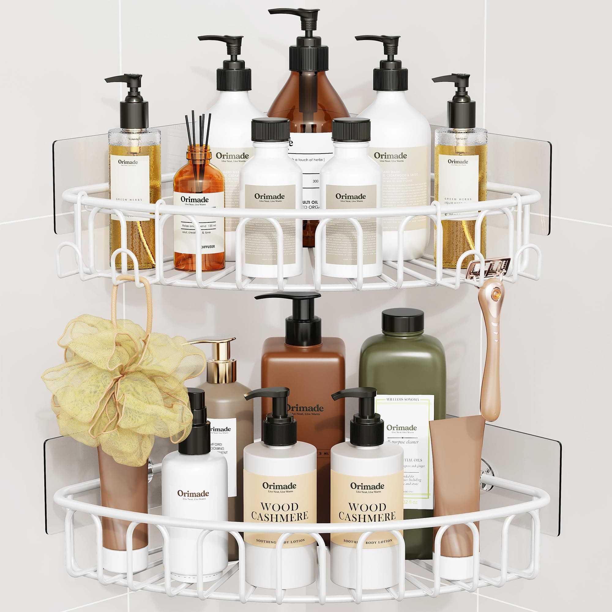 Corner Shower Caddy with 2 Hooks Wall Mounted Metal Bathroom Shelf Storage Organizer Adhesive No Drilling 2 Pack, White Only for 90-Degree Corner