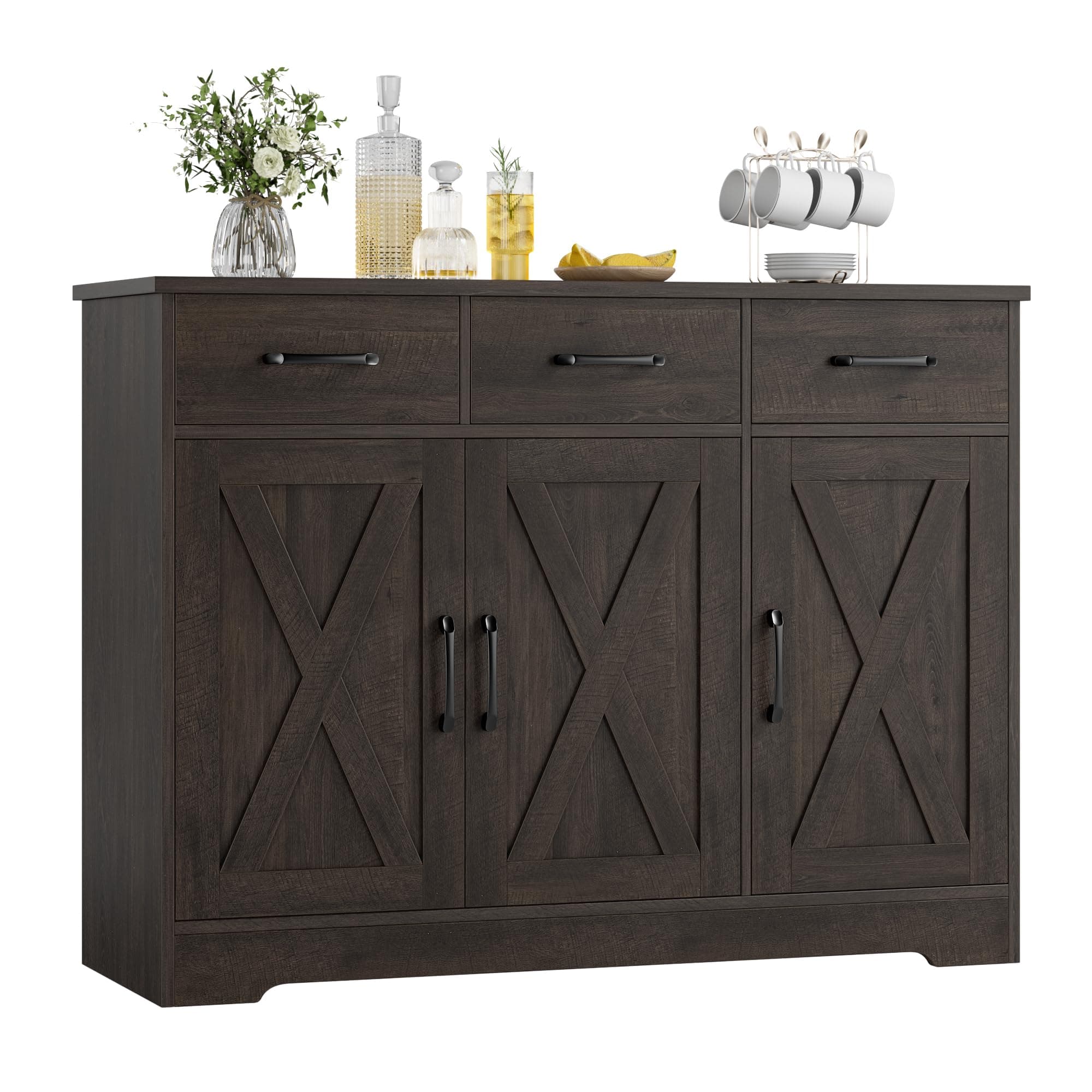 HOSTACK Modern Farmhouse Buffet Sideboard Cabinet, Barn Doors Storage Cabinet with Drawers and Shelves, Wood Coffee Bar Cabinet with Storage for Dining Room, Kitchen, Living Room, Dark Brown