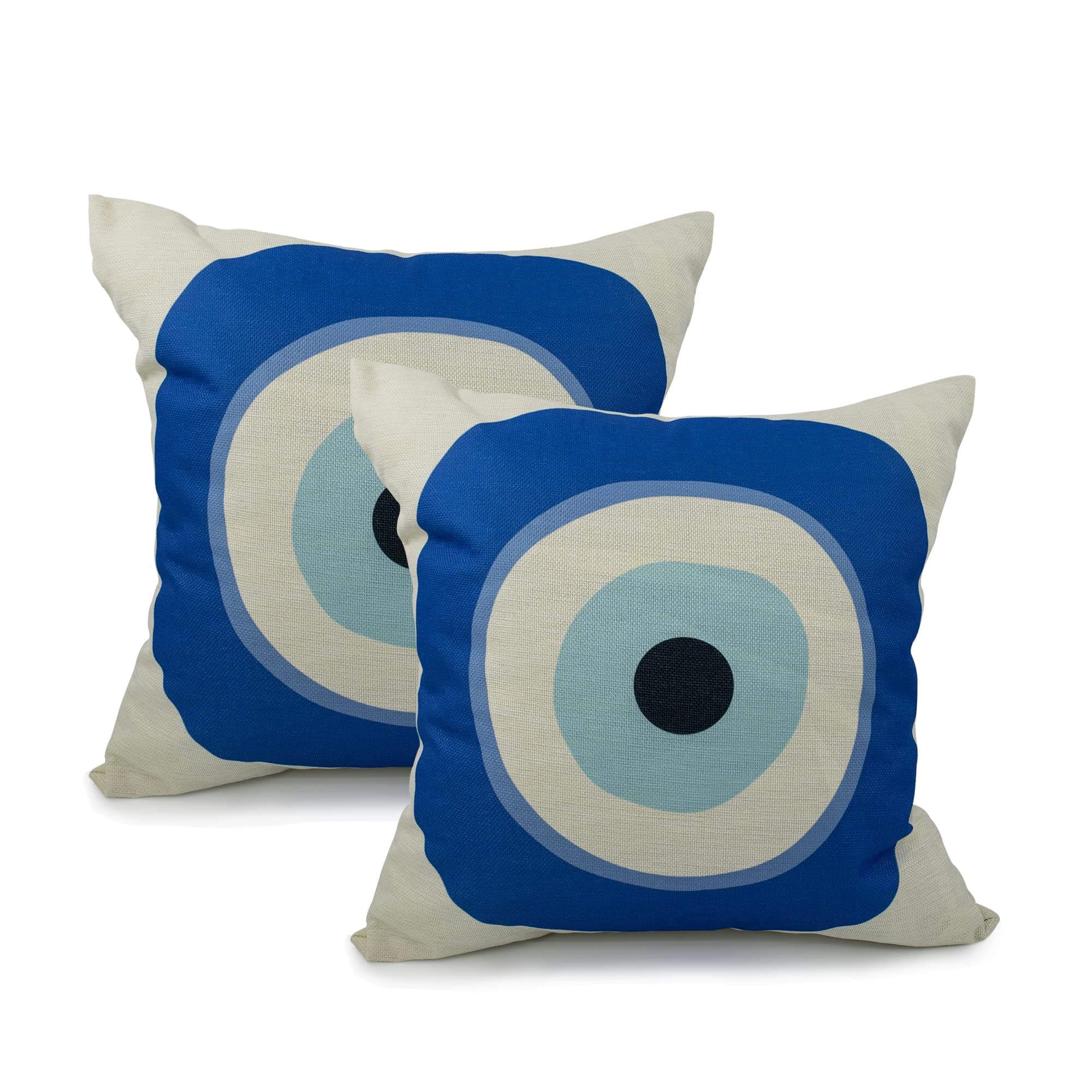 Set of 2 Throw Pillow Covers 20 X 20 Inch Greek Blue Eyes Symbol Protection White Cushion Home Decor Living Room Bedroom Office Linen Pillowcase