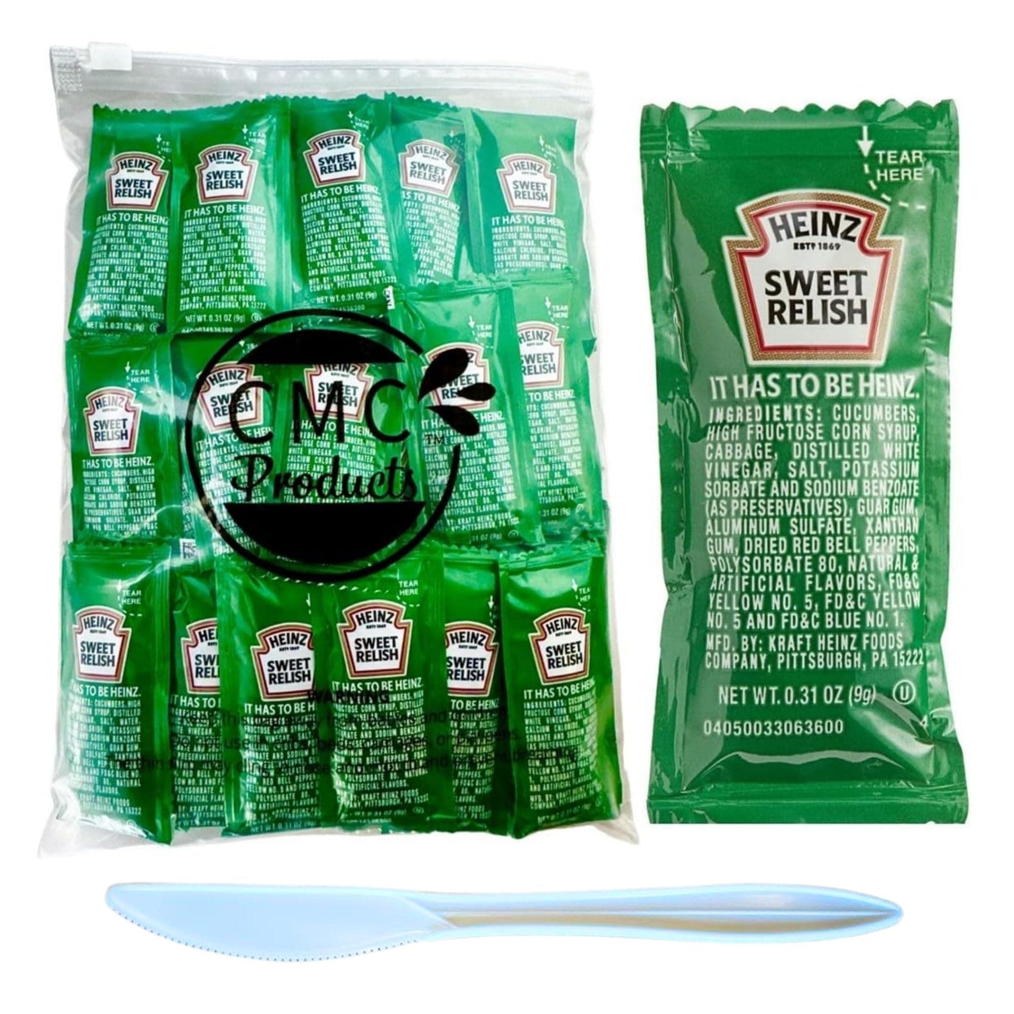 Heinz Relish Packets (9) - 25 Relish Condiment Packs in Custom CMC Products Food Safe Slide Seal Bag, bundle, packaged by CMC Products (25 Packets)