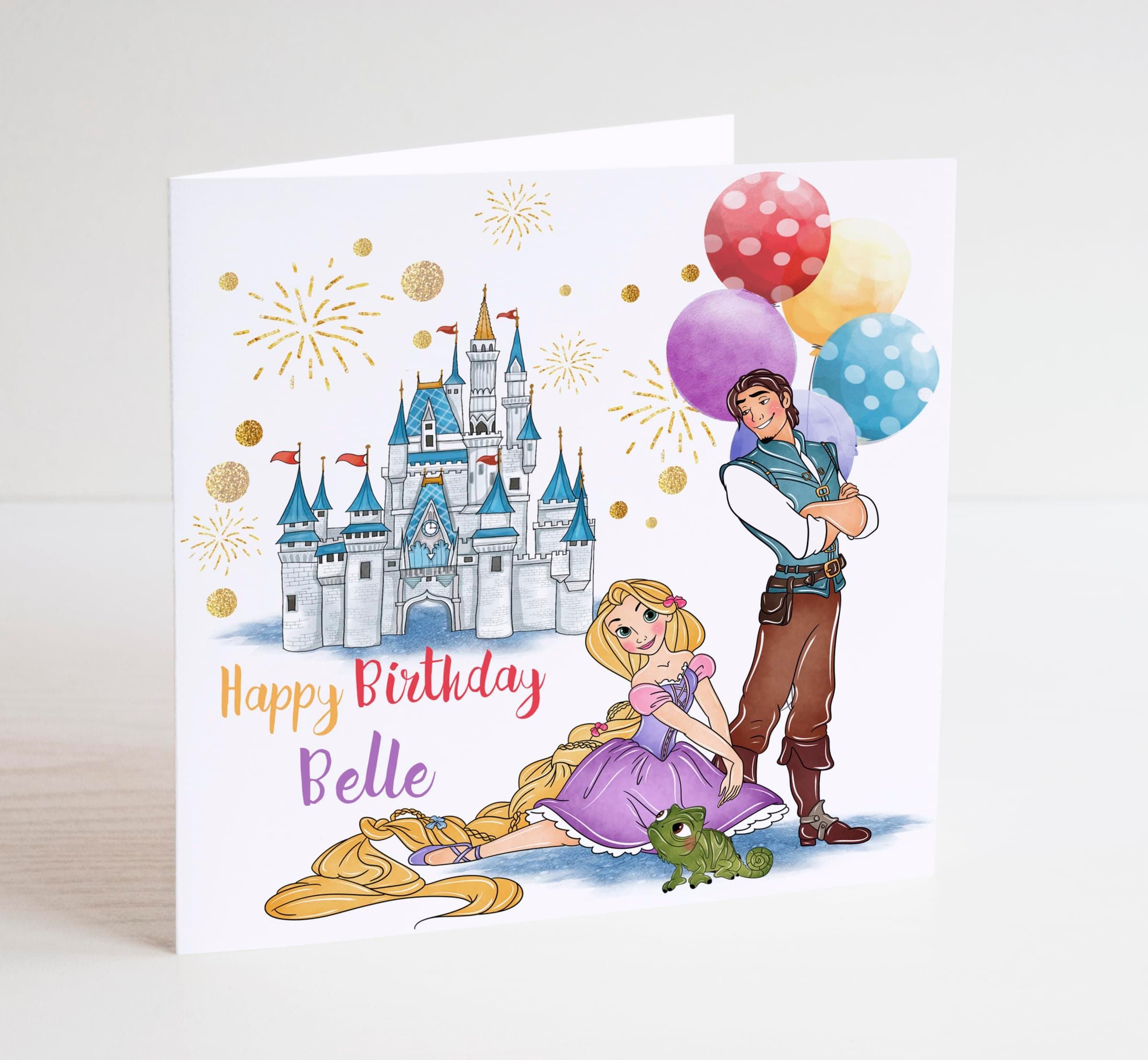 Tangled Birthday Card, Magic Castle, Personalised, Any Name and Age - Rapunzel & Flynn Rider - Design Two