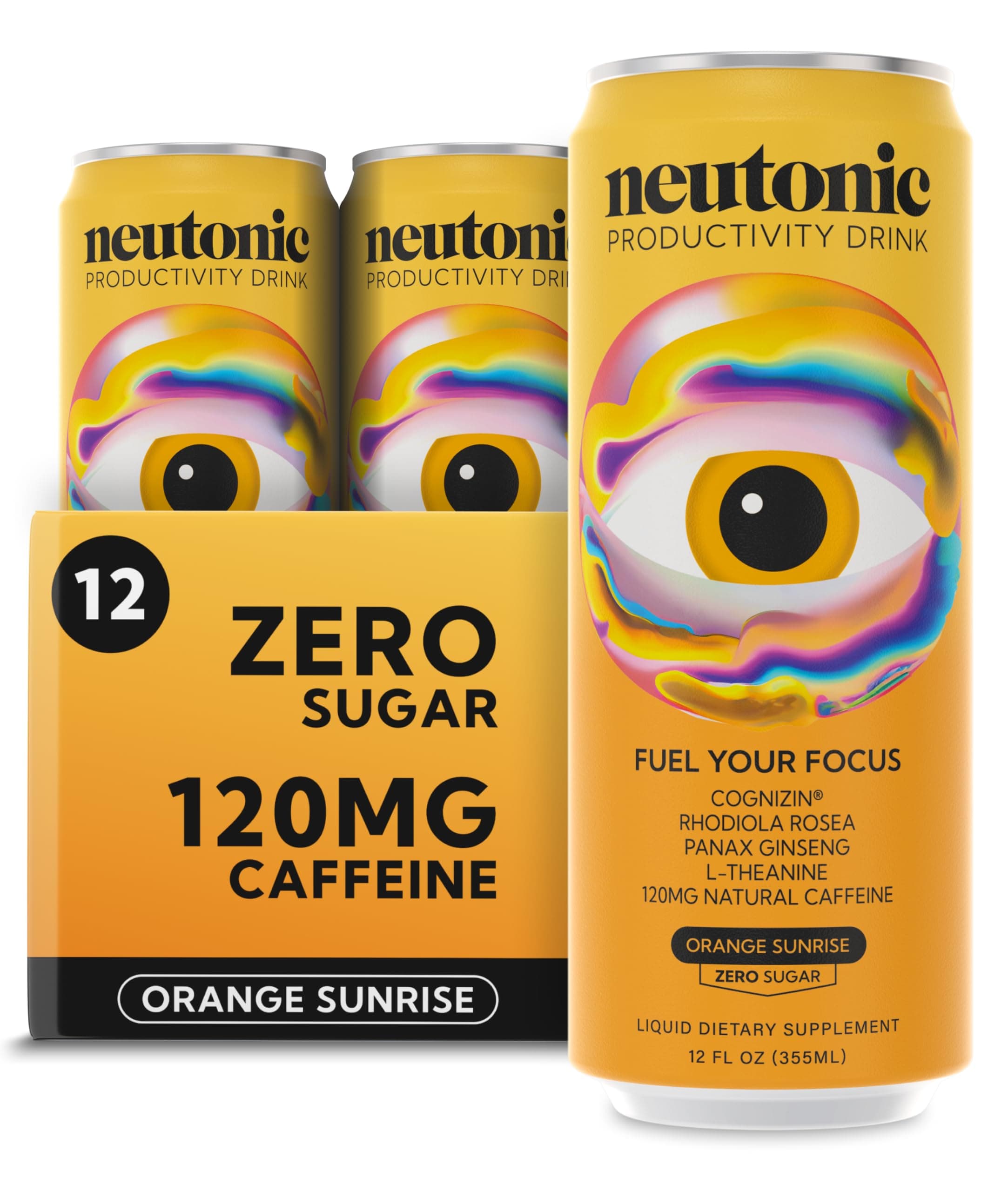 Neutonic Nootropic Productivity Energy Drink | Orange Sunrise 12 Cans | 120mg Natural Caffeine, Zero Sugar | Support Memory, Mental Clarity, Cognitive Function | Boost Focus, Energy, Brain Health