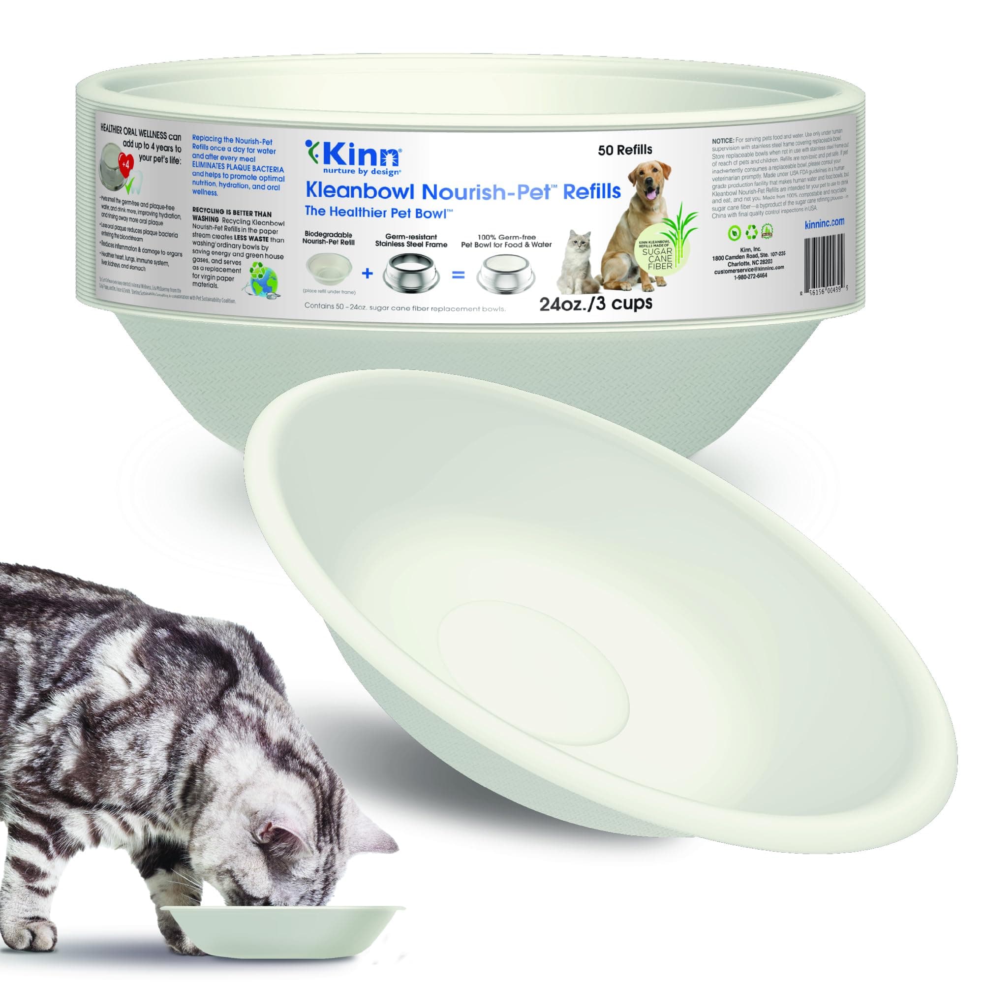 KinnWhisker Fatigue Cat Bowl Compostable & Disposable for Food or Water, 24oz (50 Refills), Whisker Friendly Cat Dish for Owners Needing Convenience and Cleanliness in a Pet Saucer