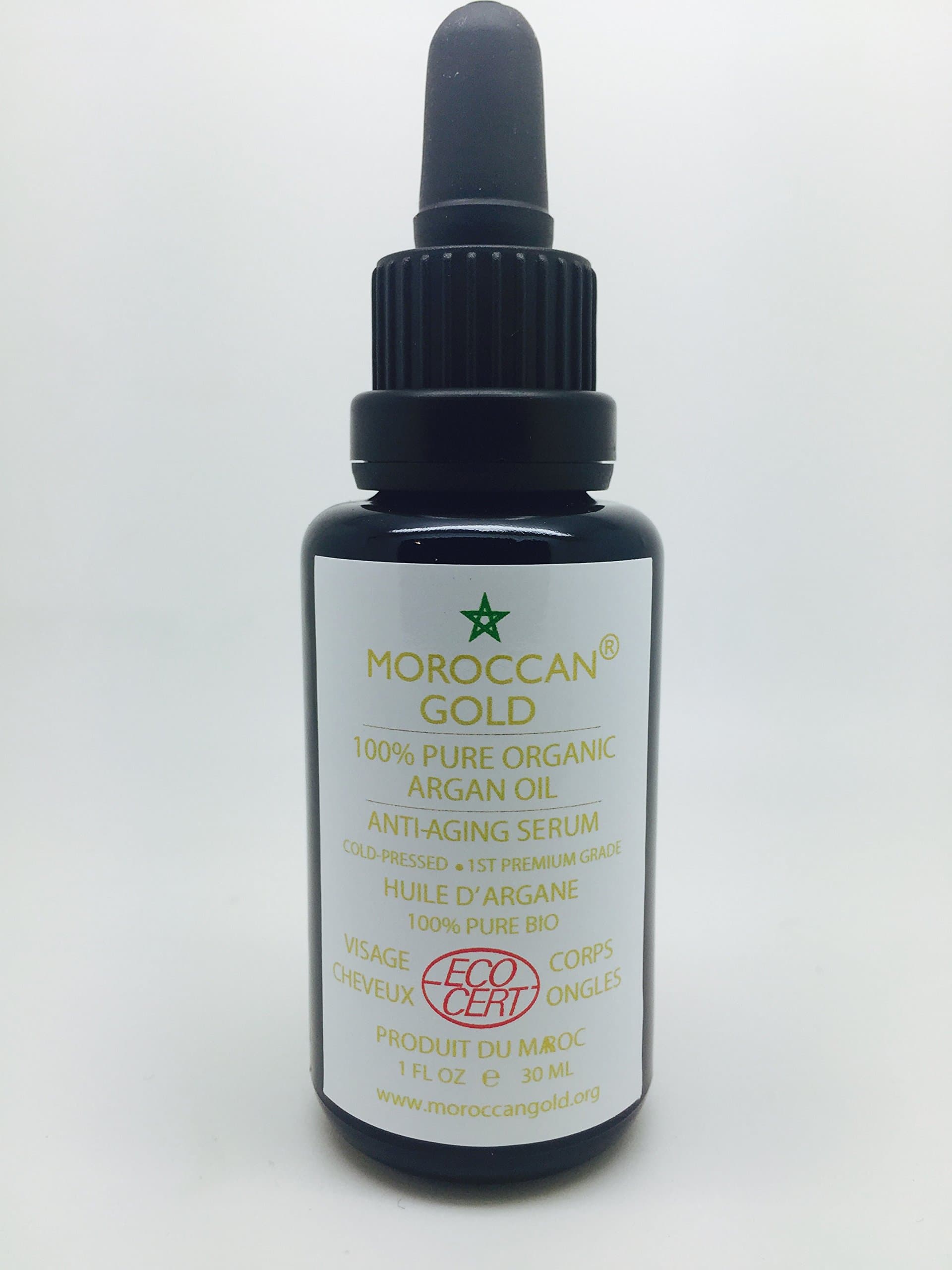 100% Pure Organic Argan Oil by Moroccan Gold winner of the Gold Trophy Best Argan oil producer in Morocco 2015 - #1 Moroccan Argan Oil - USDA/EcoCert Approved Fair Trade certified 30ml / 1oz - Lightweight, Quick to Absorb and Hydrate - Cold Pressed Premium Grade Moroccan Oil, Rich In Anti-Aging properties and Vitamin E - Made In and imported from Morocco 2015