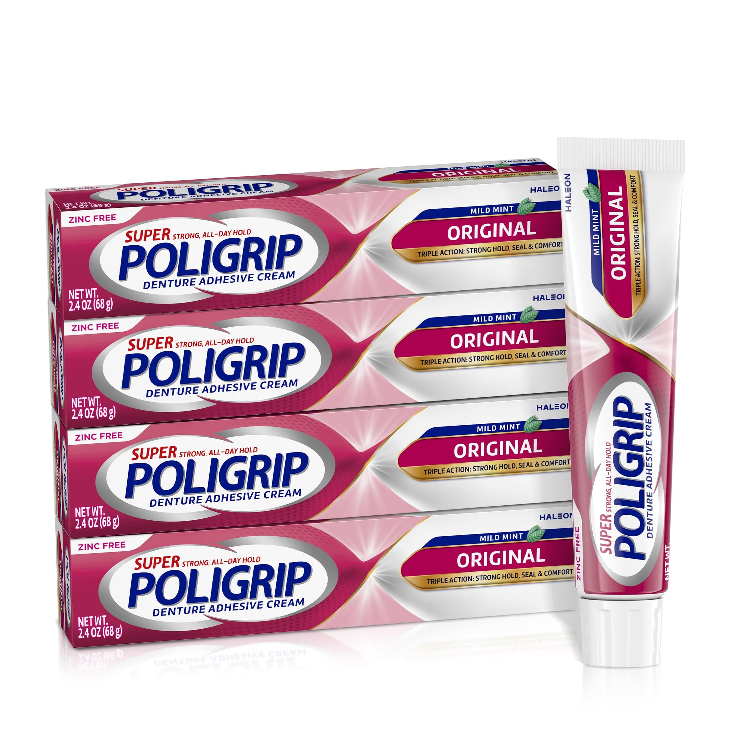 Super Poli-Grip Original Denture Adhesive Cream, Zinc Free Denture Cream for Dentures - 2.4 Ounces (Pack of 4)