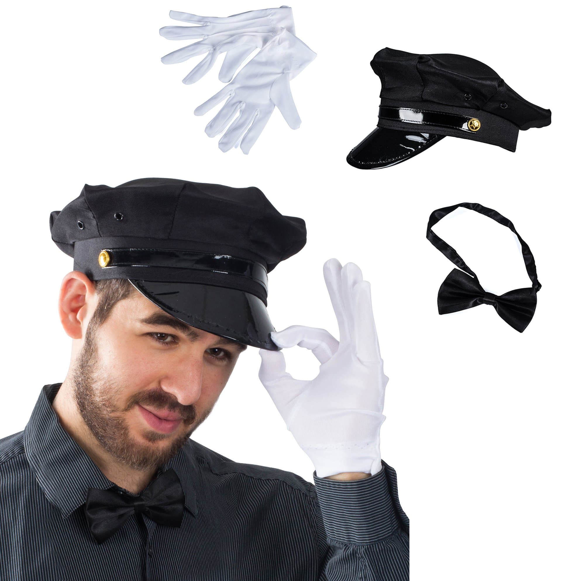 Chauffeur Costume - Limo Driver Costume - Black Chauffeur Hat, Gloves & Bow Tie - (3 Piece Set)